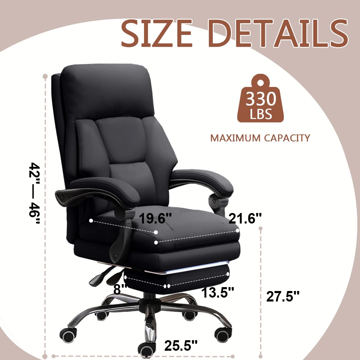 Adjustable Height Executive Office Chair with Footrest - High Back Reclining Computer Desk Chair, Ergonomic Leather Gaming & Work Swivel Chair for Home Office, Conference Room & Gaming Setup