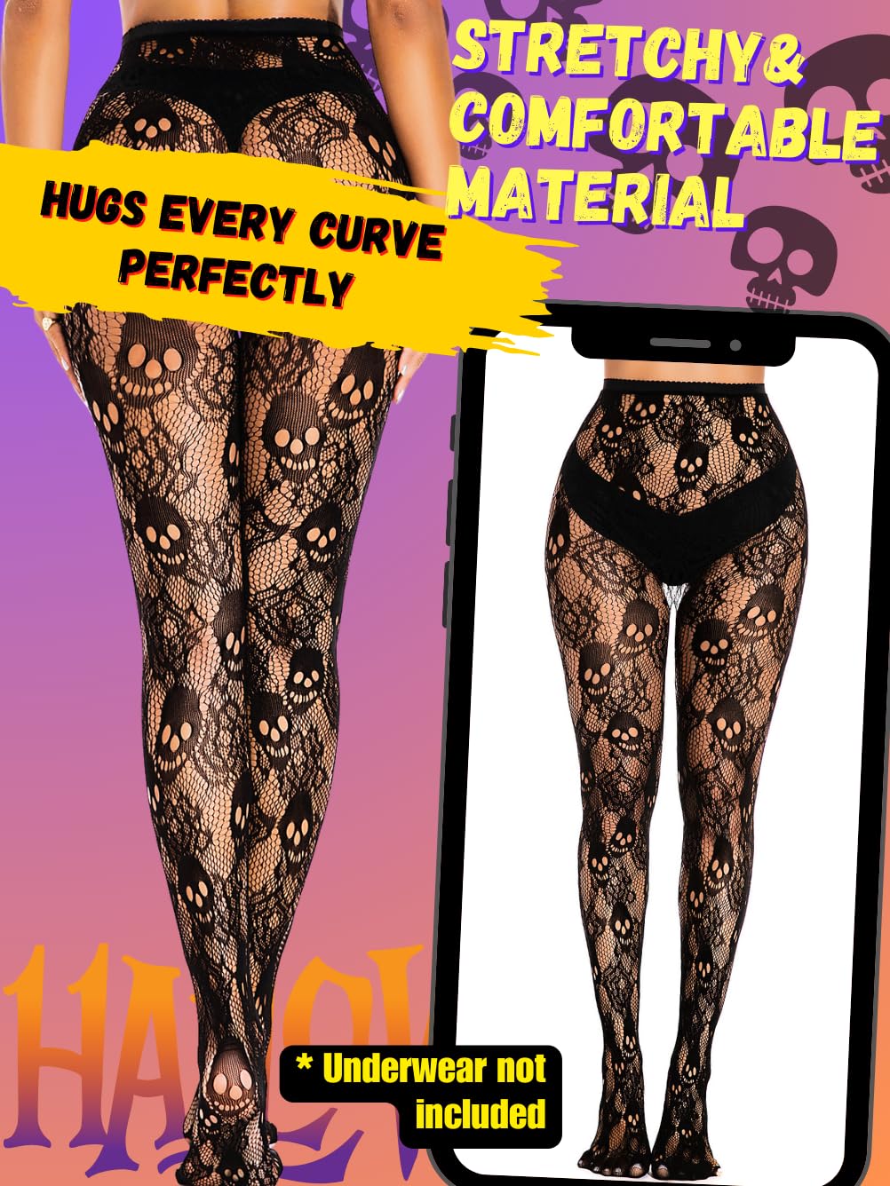 Goth Tights for Women - Sheer Mesh Skull Fishnet Leggings, Sexy Patterned Stockings for Halloween Costume, Gothic Fashion & Party Wear (Black) | Perfect for Cosplay, Nightclubs & Alternative Outfits