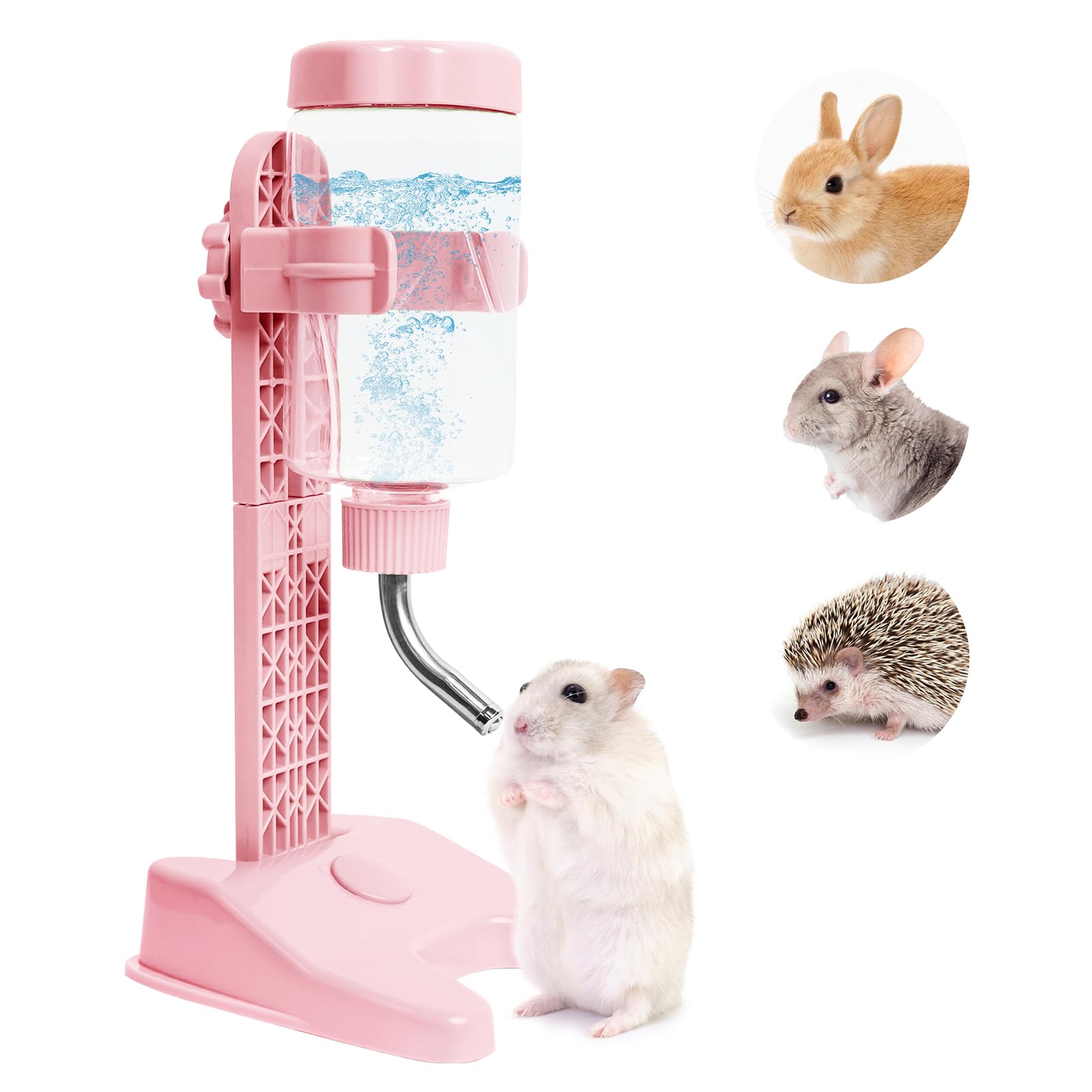 VANNON Top Fill Pet Water Dispenser - 13oz Leakproof Dog Water Bottle with Stand, Adjustable Height, BPA Free for Small Animals - Ideal for Travel, Cages, and Home Use (Pink)