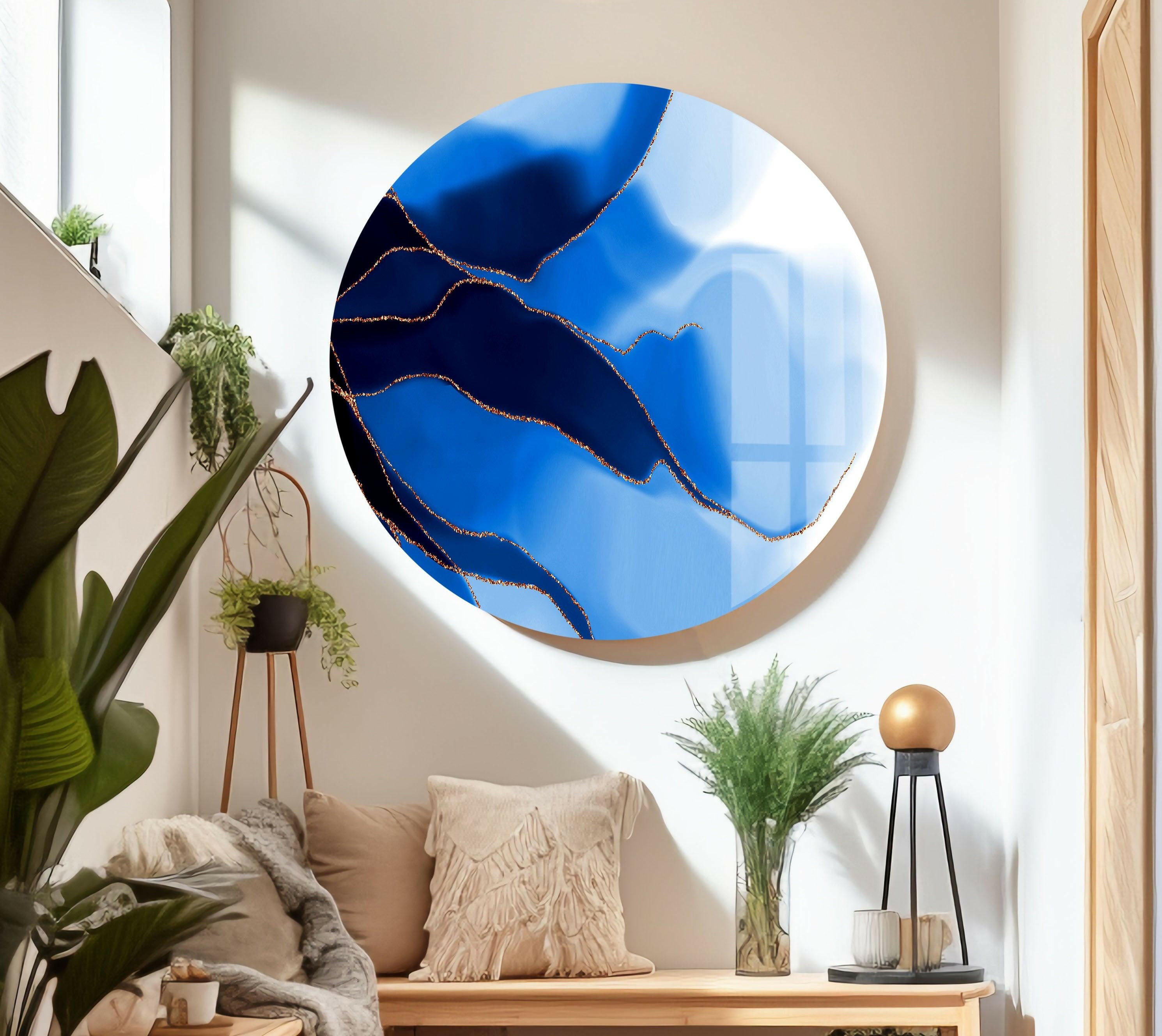 Blue and Gold Marble Abstract Glass Wall Art - Modern Home Decor for Living Room, Bedroom & Office | Handmade Glass Wall Hanging for Contemporary Interior Design