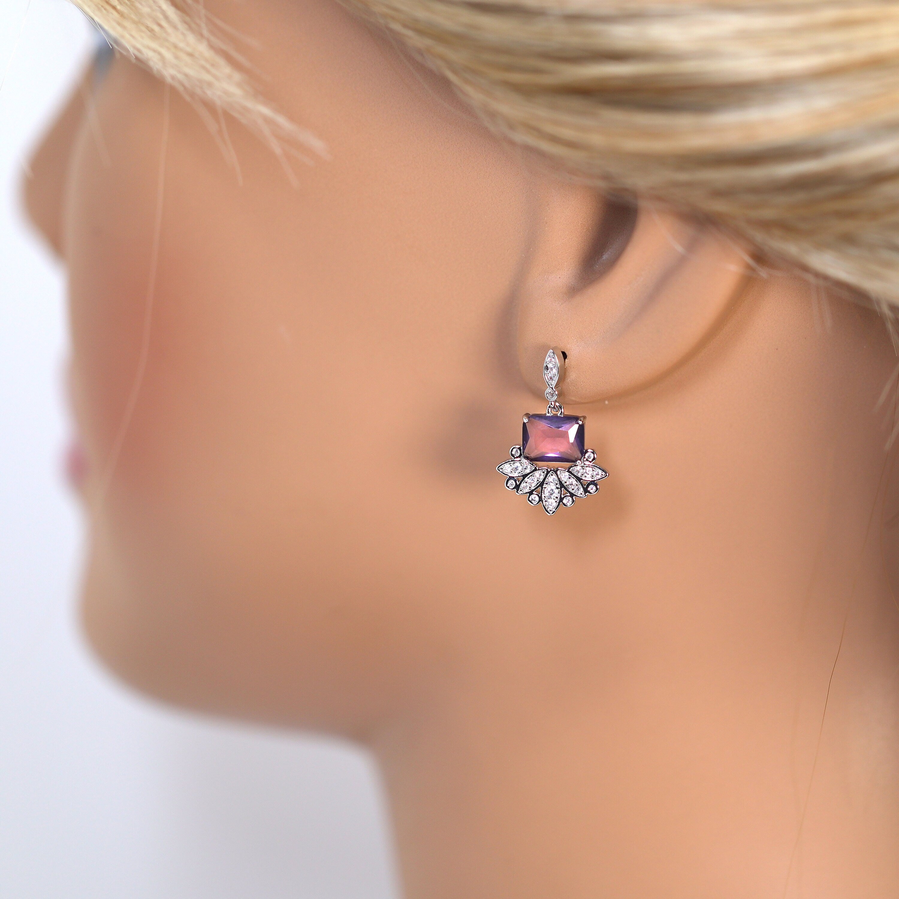 Swarovski Crystal Flower Drop Earrings with Purple Accent - Elegant Dainty Bridal Jewelry, Wedding Statement Earrings with CZ Stones | Perfect for Brides, Prom, Evening Parties & Special Occasions