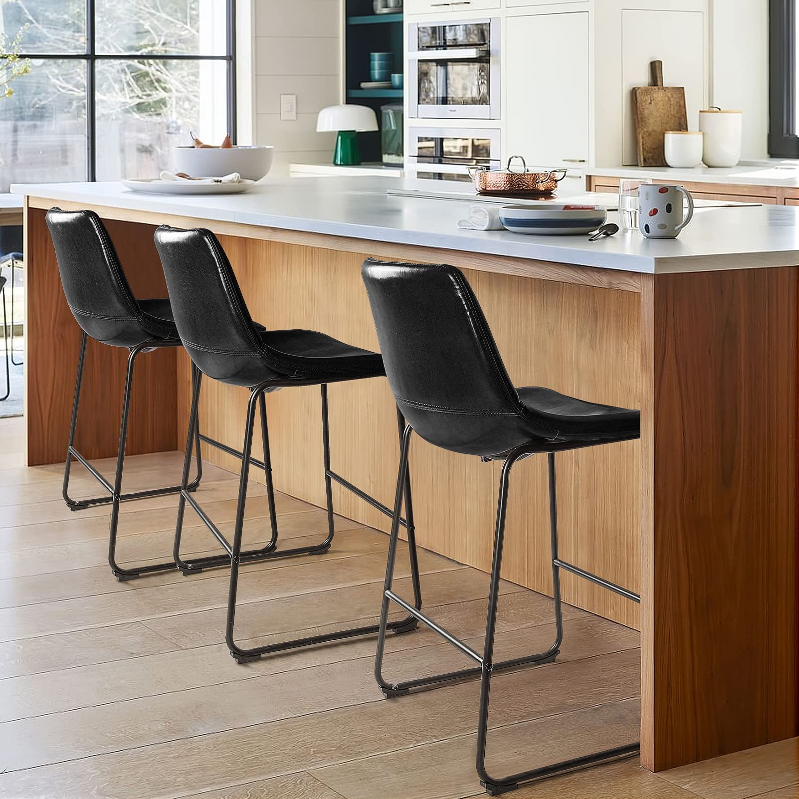 LEMBERI 26 Inch Bar Stools Set of 2 - Modern Counter Height Bar Stools with Faux Leather Upholstery & Metal Legs - Back Support Armless Bar Chairs for Kitchen Island, Breakfast Nook, or Home Bar (Black, 2 Pack)