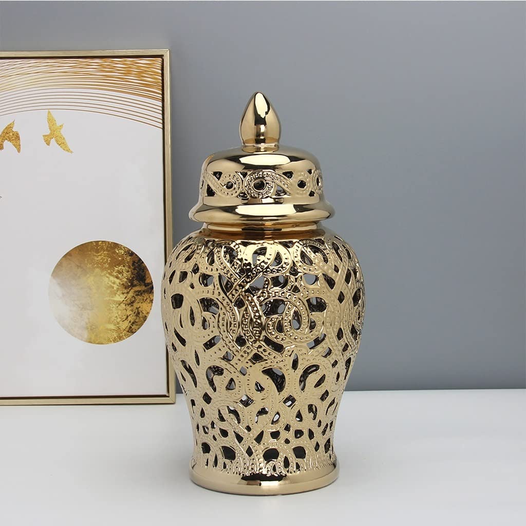 **ARLINE Decorative Ceramic Ginger Jar with Lid - Handcrafted Gold Lattice Vase for Home Decor, Wedding Gift, or Feng Shui Temple Display (Large Size, Elegant Home Accent)**