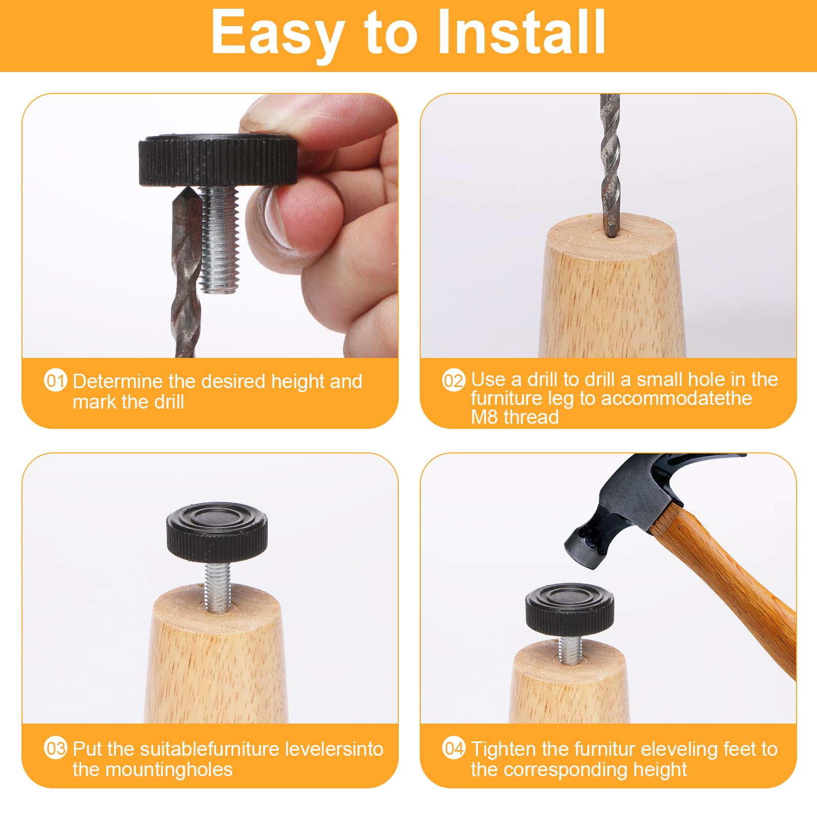 24PCS M8 Thread Adjustable Leveling Feet - Heavy Duty Screw-in Furniture Levelers for Tables, Chairs & Cabinets - Perfect for Uneven Floors & Wobbly Furniture (Home, Office, Workshop Use)