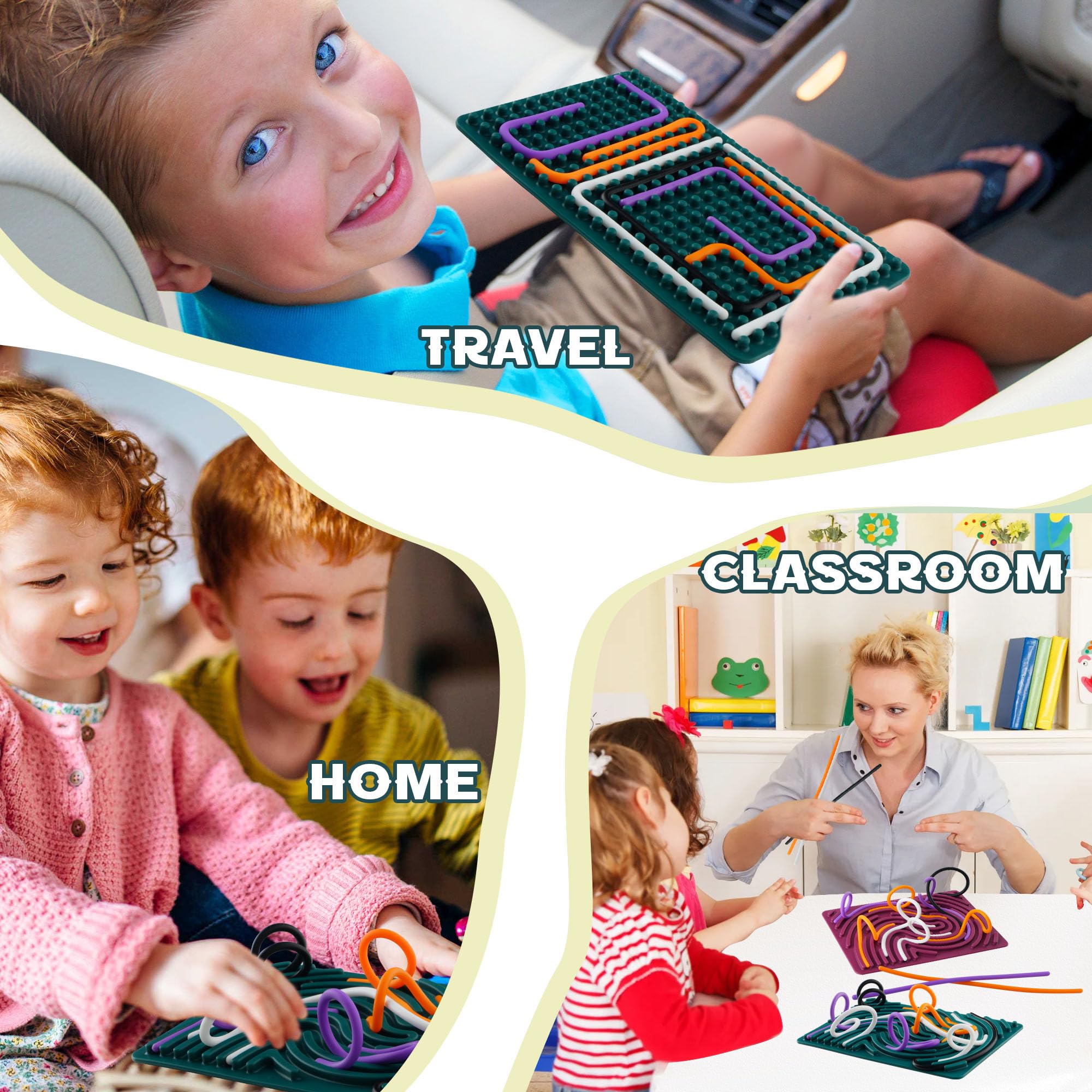 Sensory Activity Board - Silent Fidget Toys for Calm, Stress, Anxiety Relief, ADHD & Autism Support - Portable Sensory Calming Toys for Kids 3+ with 20 Strings & Storage Bag (Green) - Ideal for Home, School, and Travel