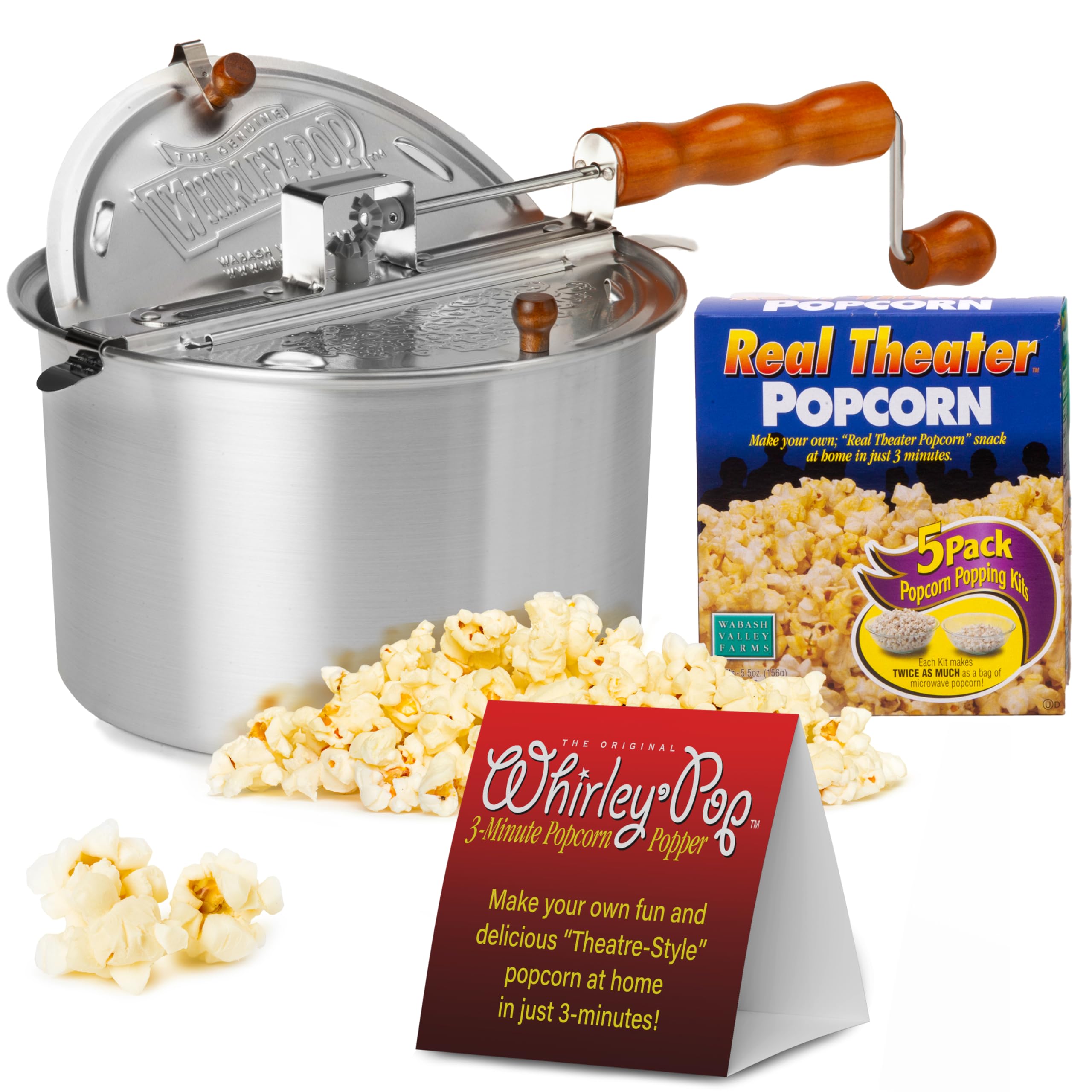 Original Whirley Pop Popcorn Maker - 6 Quart Stovetop Popcorn Popper with 5 Popping Kits, Aluminum Popcorn Pot with Metal Gears - Perfect for Movie Nights, Camping & Family Gatherings - Wabash Valley Farms Stove Top Popcorn Pan (Silver)