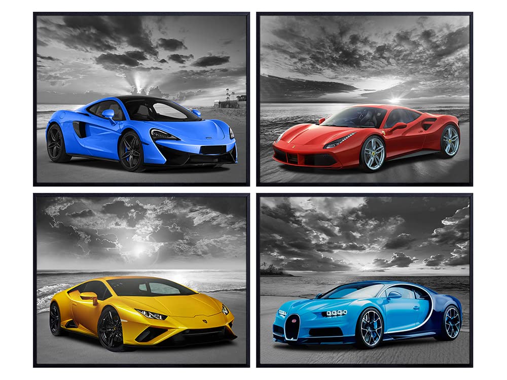Lamborghini McLaren Ferrari Bugatti Sports Car Wall Art Posters - Boys Room Decor & Man Cave Wall Decor - Race Car Themed Garage & Bar Wall Art - Perfect for Coastal Beach Theme Bedrooms & Game Rooms