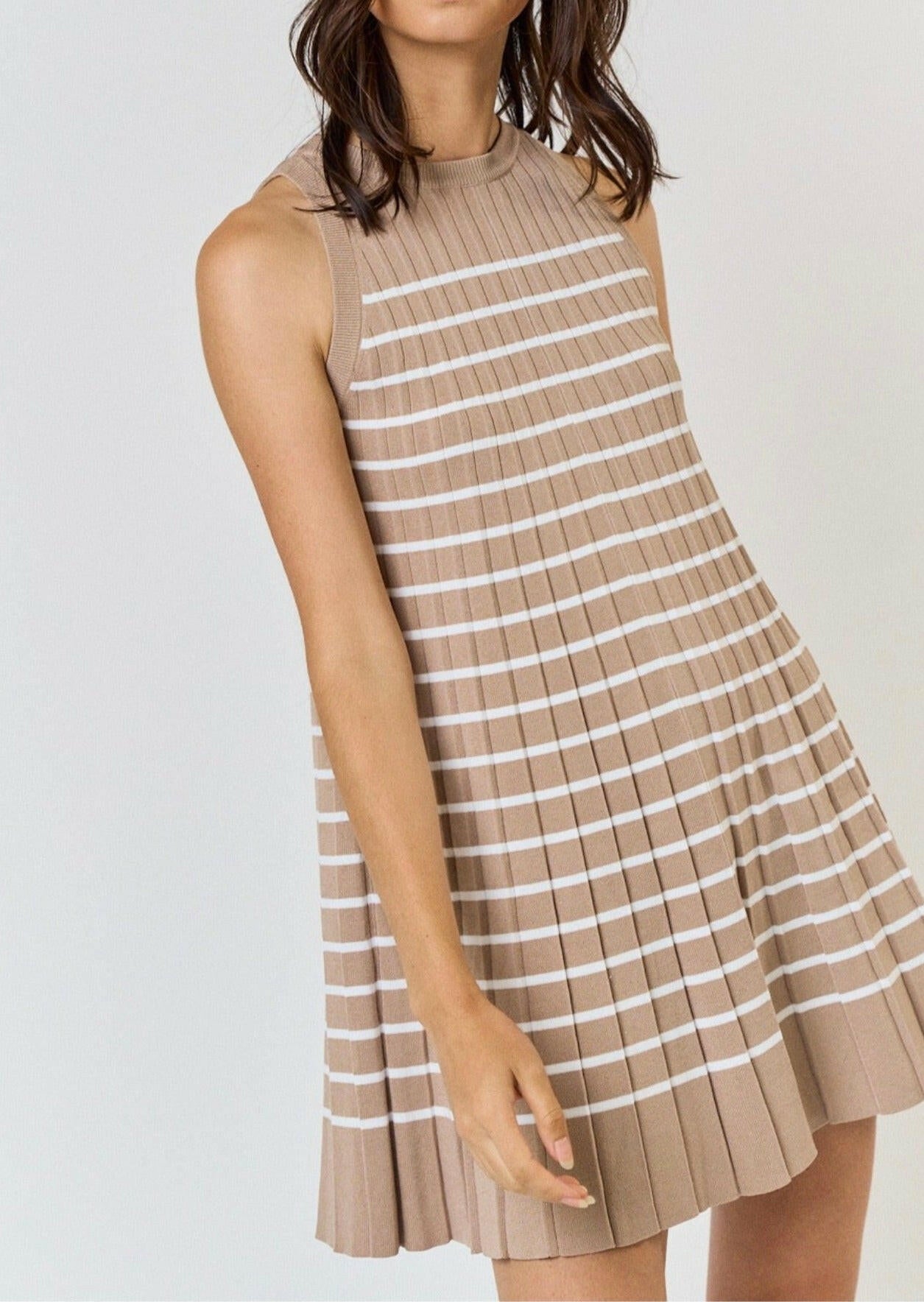 Taupe Striped Pleated Sleeveless Sweater Mini Dress for Women | Casual Summer Outfit, Beach Cover Up, Party Wear