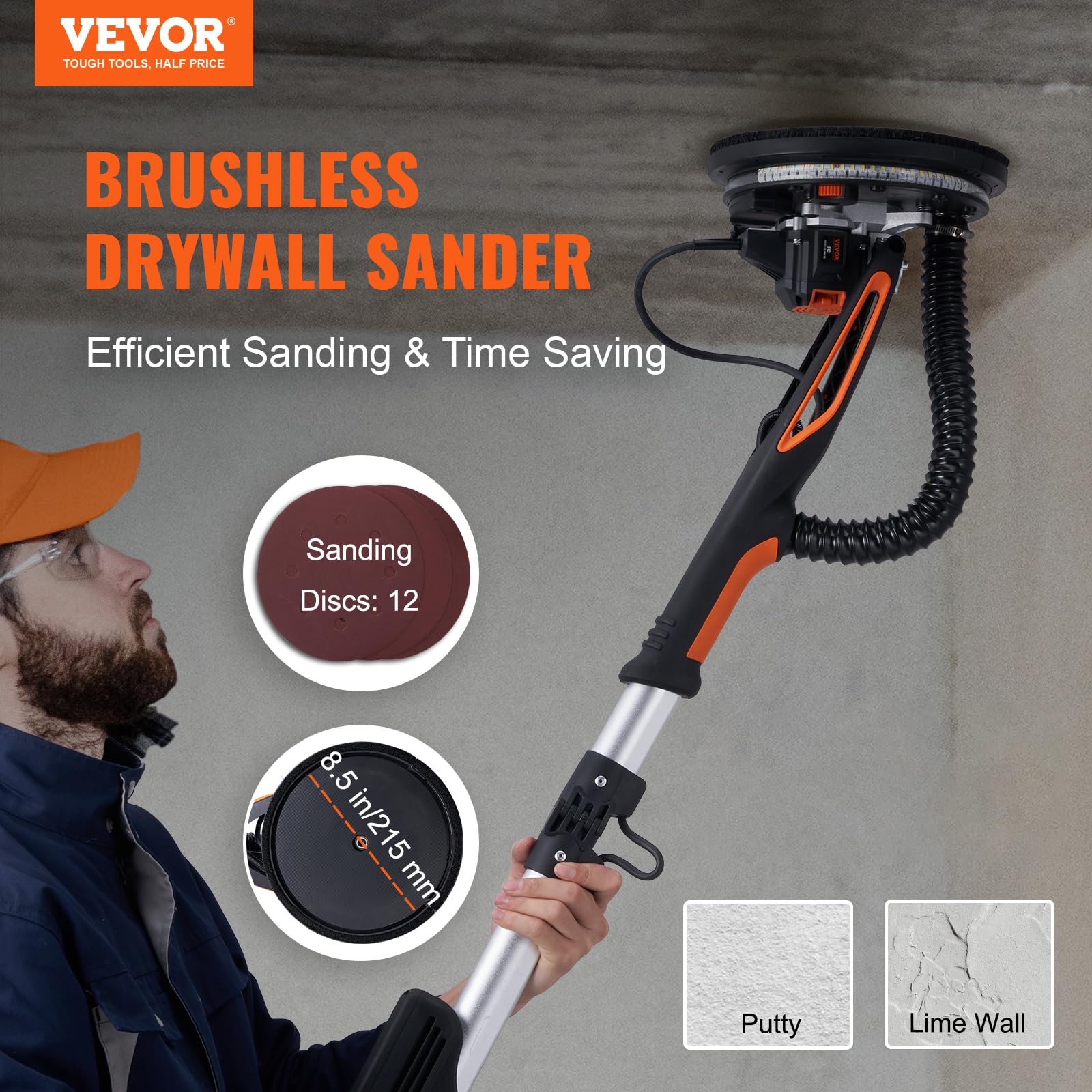 VEVOR 800W Brushless Electric Drywall Sander with Variable Speed 1000-2300 RPM - Foldable Ceiling Sander with LED Lights, Extendable Handle & 12 Sanding Discs - Perfect for Wall Repair, Home Renovation and Professional Construction Projects