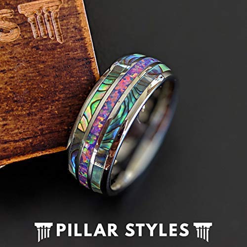 Men's Silver Opal Tungsten Wedding Band - 8mm Comfort Fit Unique Inlay Ring for Him - Nature Inspired Tropical Gifts for Anniversary, Engagement & Special Occasions