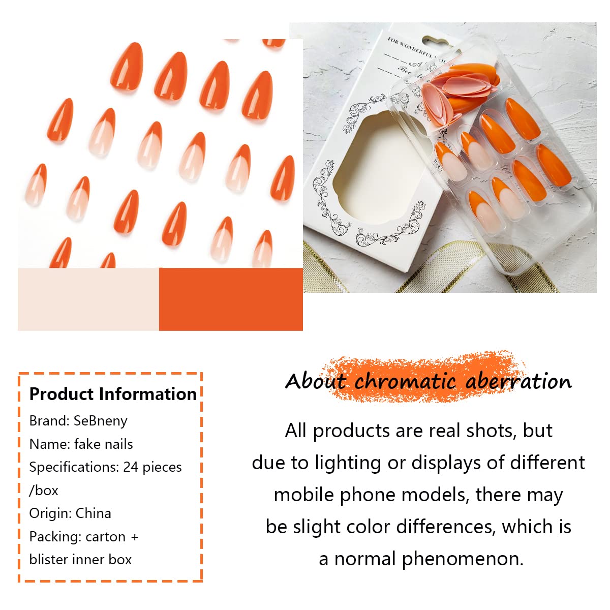 24Pcs French Orange Tips Almond Press on Nails - Medium Acrylic False Nails with Self Adhesive for Women & Girls | Fall Nail Art Supplies, Full Cover Fake Nails for Autumn Parties & Special Occasions