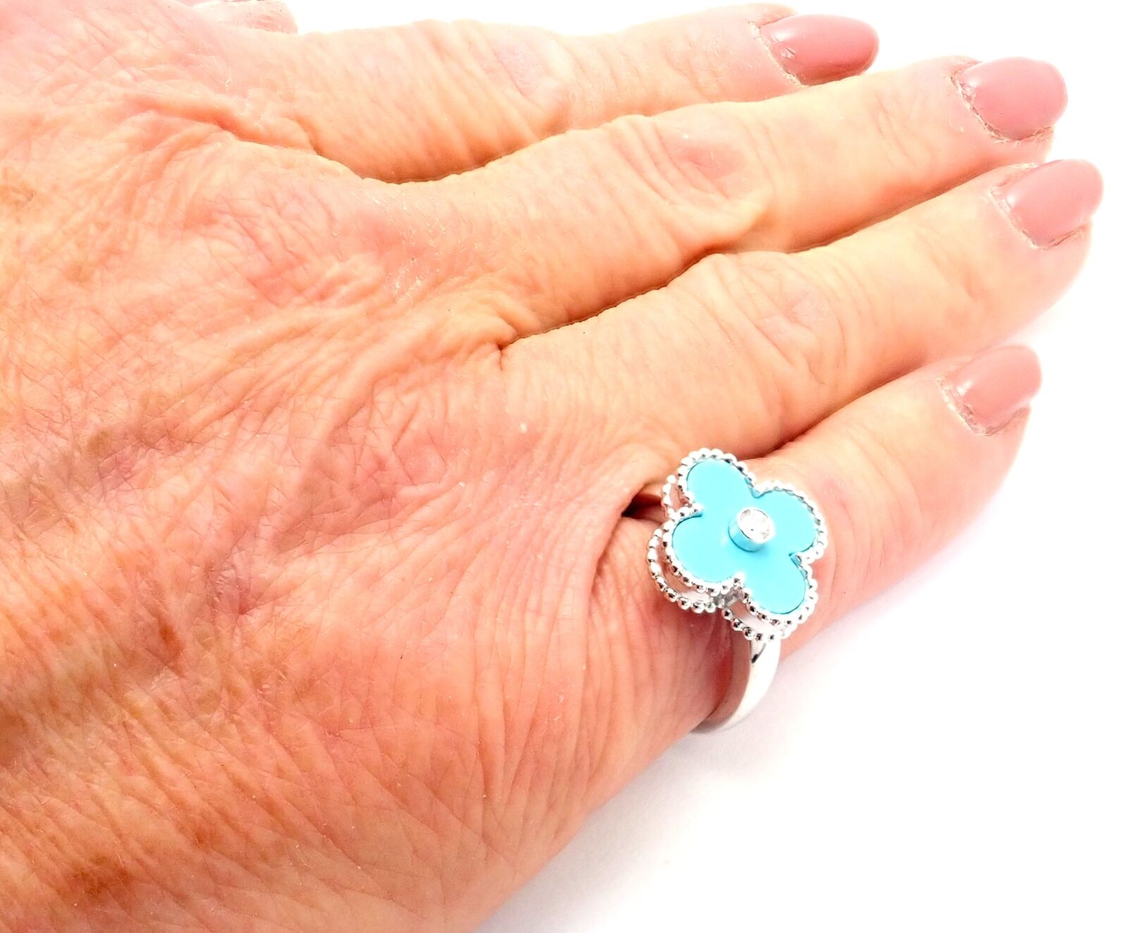 Authentic Van Cleef & Arpels Alhambra 18k Gold Diamond Turquoise Ring - Luxury Jewelry for Women, Elegant Statement Piece for Parties & Special Occasions