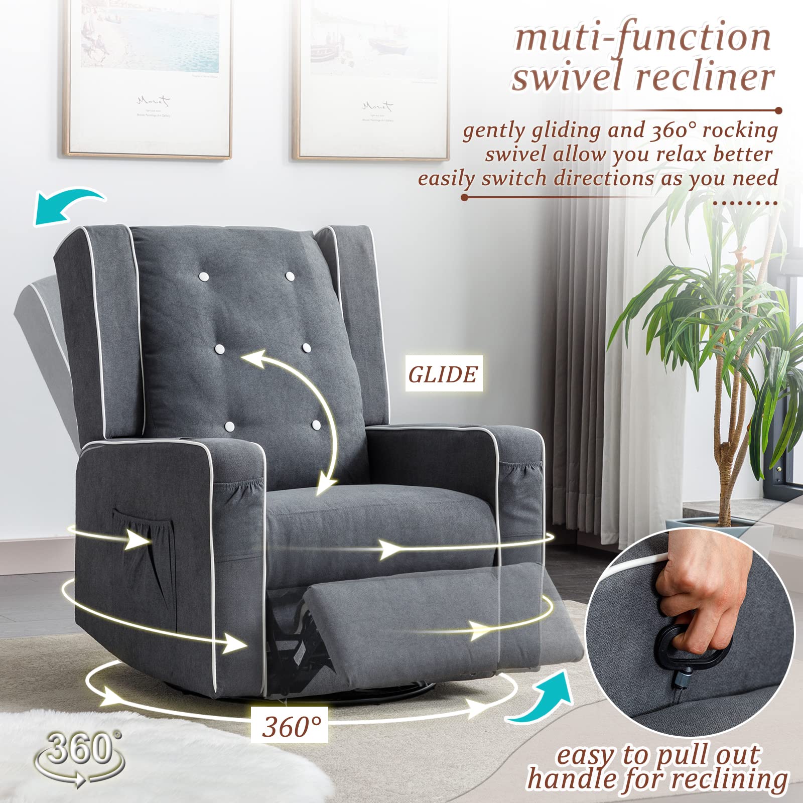 Swivel Rocker Recliner Chair - Upholstered Nursery Glider with Cup Holders | Manual Reclining Rocking Chair for Baby Room, Living Room & Bedroom | Perfect for Nursing, Relaxing & Reading