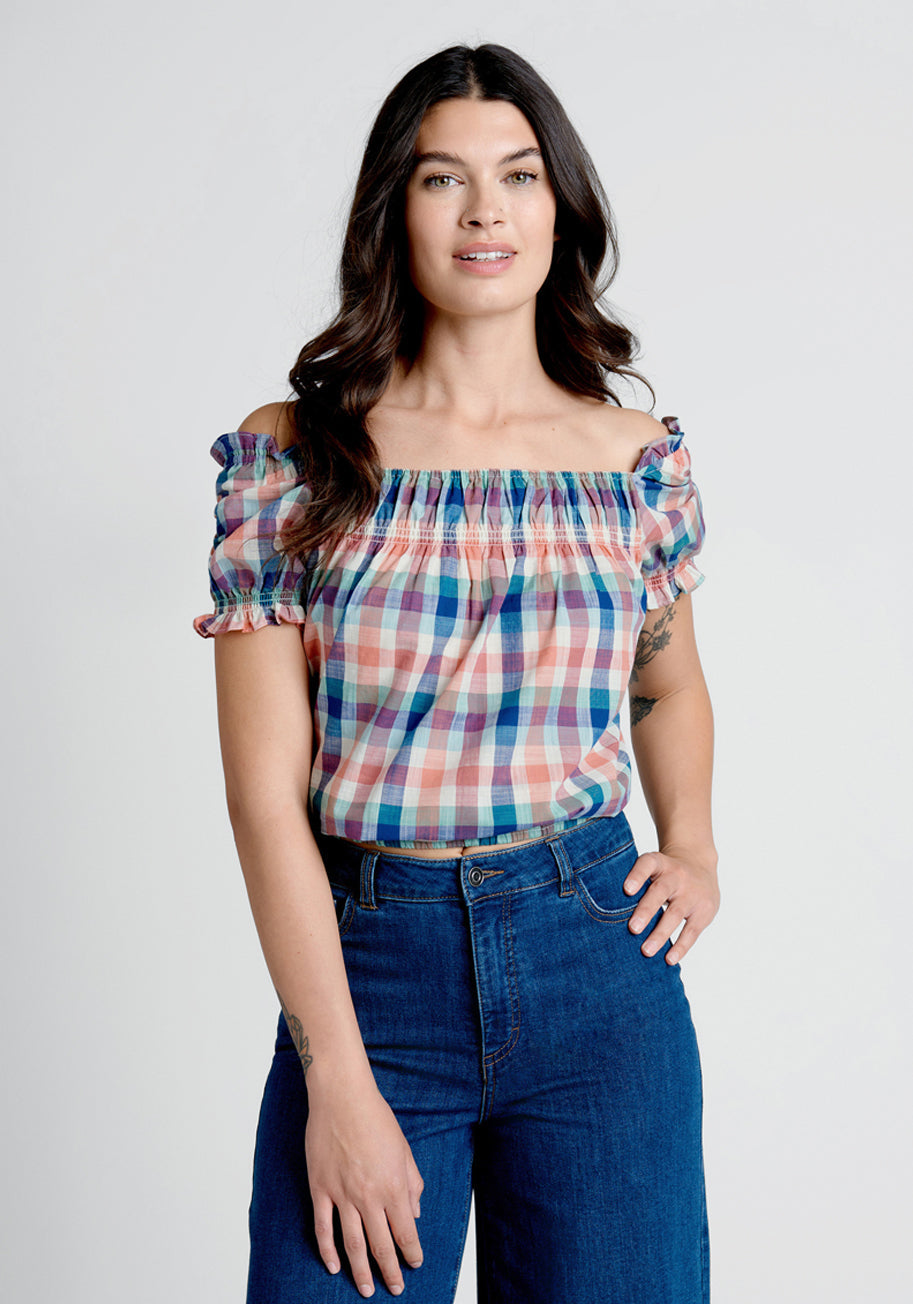 Stylish Smocked Crop Top for Women - Summer Madras Floral Print - Perfect for Beach Outings, Music Festivals & Casual Wear