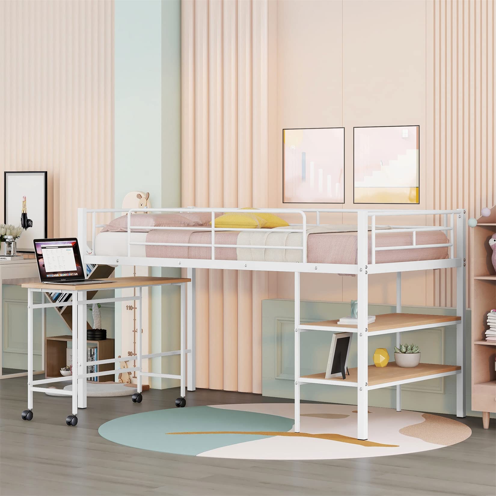 Harper & Bright Designs Low Loft Bed with Bookcase & Rolling Desk - Twin Size Metal Frame for Kids & Teens - Perfect for Small Bedrooms, Dorm Rooms & Study Spaces (White)