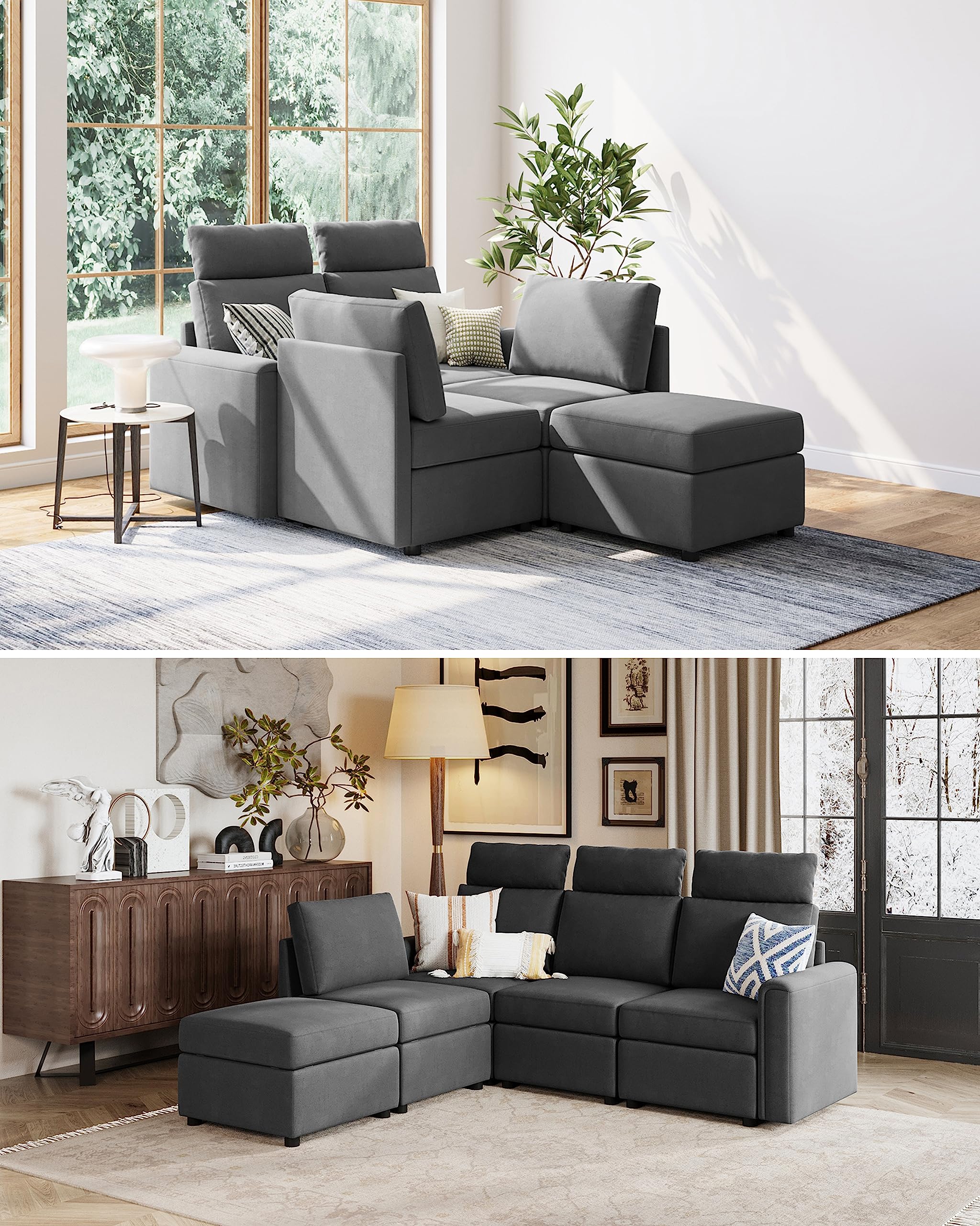 LINSY HOME Modular Sectional Sofa with Storage - Upgraded High Back L-Shaped Couch with 4 Adjustable Headrests, Removable Sofa Covers & Ottoman - 5-Seater Convertible Sofa Bed for Living Room, Family Room or Home Theater (Dark Grey) | Perfect for Small Spaces, Movie Nights & Guest Accommodation