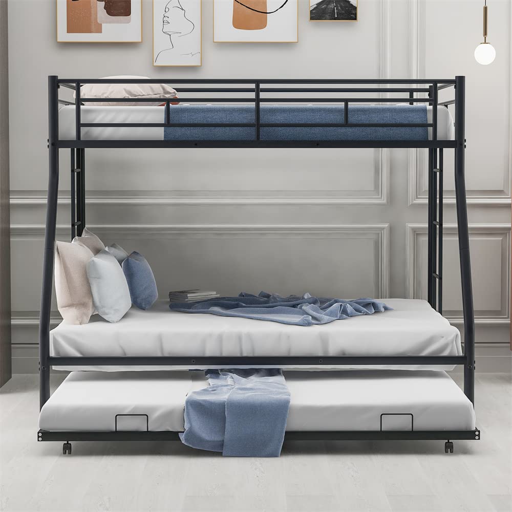 LLS Metal Bunk Bed with Trundle - Twin Over Full Bunk Bed Frame with Full-Length Guardrail & 2 Ladders - Heavy Duty Space Saving Bunk Beds for Kids & Adults - Convertible to 2 Separate Beds - No Box Spring Needed - Black - Perfect for Small Bedrooms, Guest Rooms & Vacation Homes