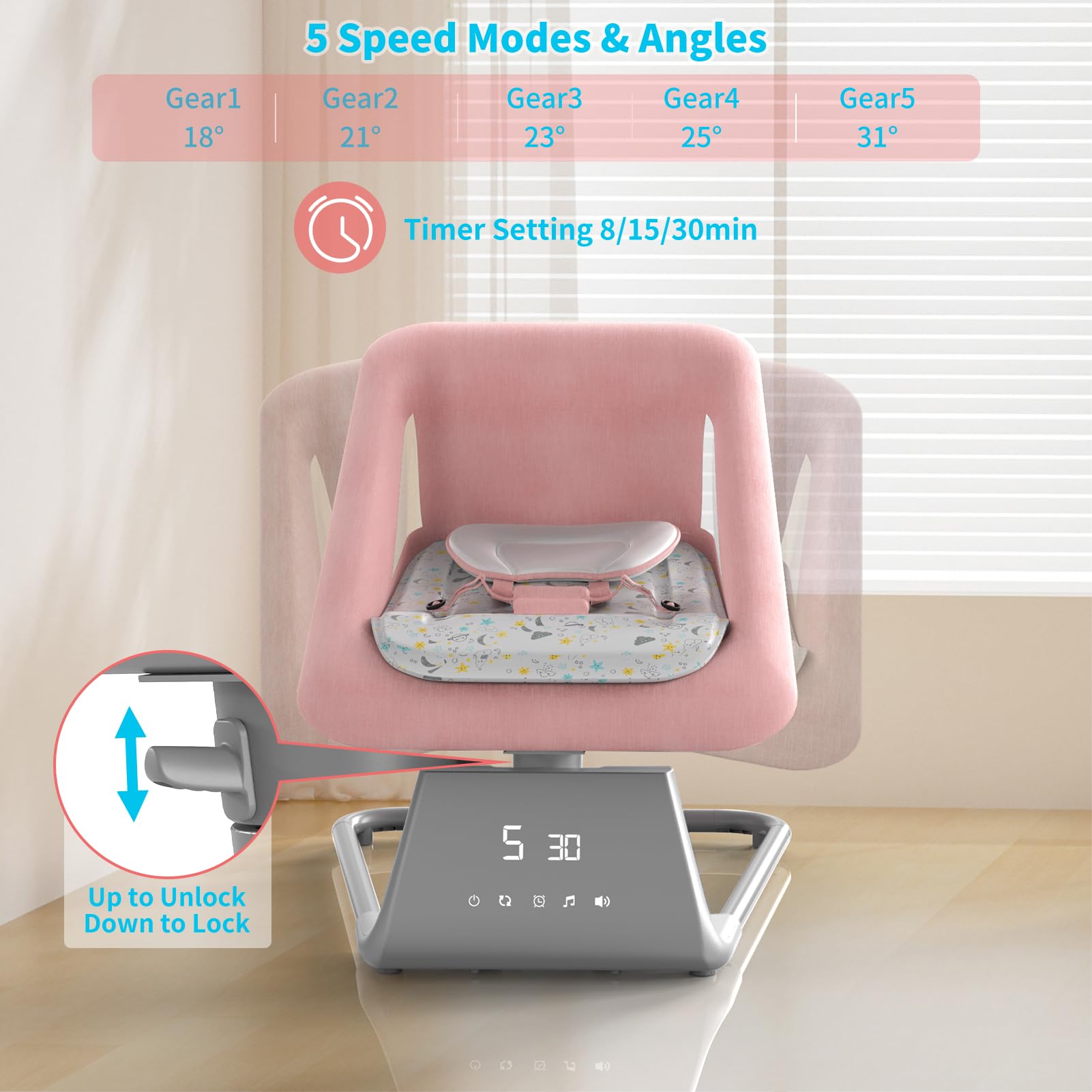 Electric Baby Swing with Bluetooth & Remote Control - 11 Soothing Lullabies, 5 Speed Settings for Newborns to Toddlers | Large Screen Infant Bouncer & Rocker for Boys & Girls | Perfect for Nursery, Daycare & Soothing Fussy Babies
