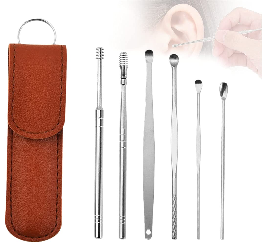 6PCS Stainless Steel Ear Wax Cleaner Tool Set - Gentle Ear Pick & Curette Kit for Safe Earwax Removal - Unisex Ear Hygiene Tools for Home & Travel Use (Brown)