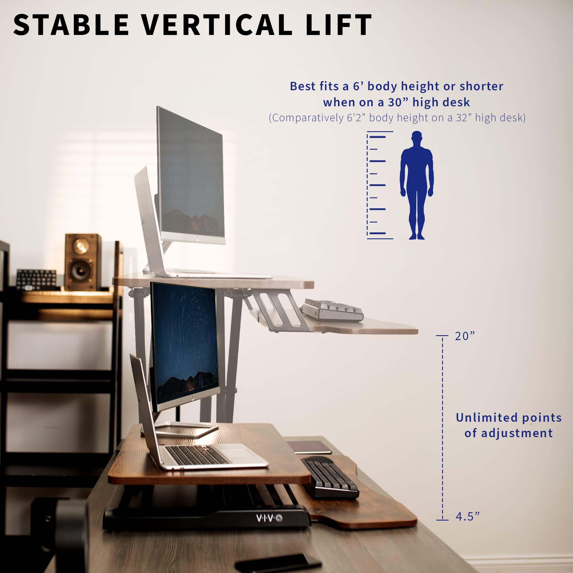 VIVO 32 Inch Height Adjustable Sit Stand Desk Converter - Dual Monitor & Laptop Workstation with Wide Keyboard Tray - Rustic Brown Top & Black Frame (K Series DESK-V000KN) - Perfect for Home Office, Gaming Setup & Ergonomic Workspace
