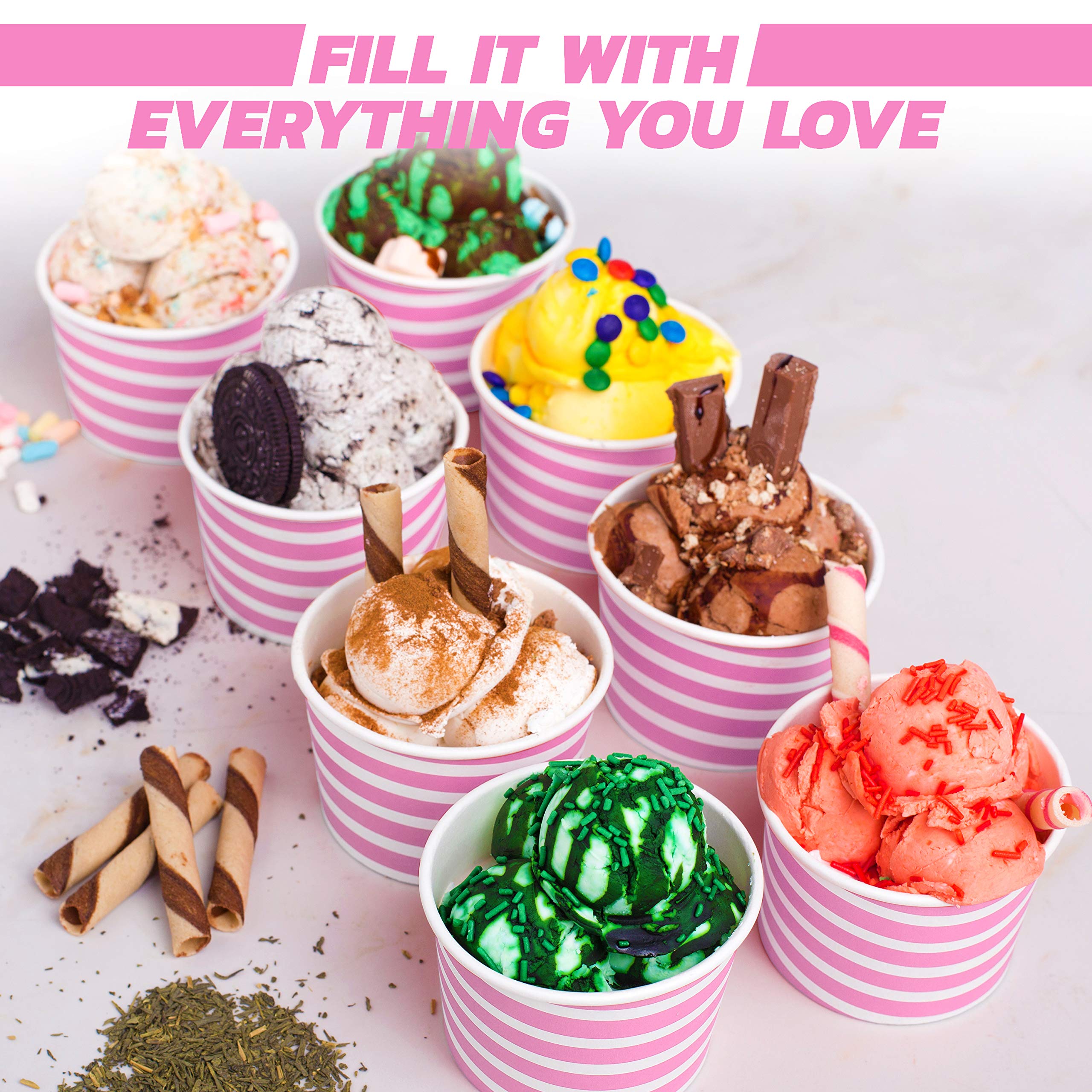 Premium 5.5 oz Disposable Paper Ice Cream Cups - 50 Pack, Hot & Cold Dessert Bowls with Pink Stripes - Perfect for Ice Cream Parlors, Parties, and Home Dessert Serving