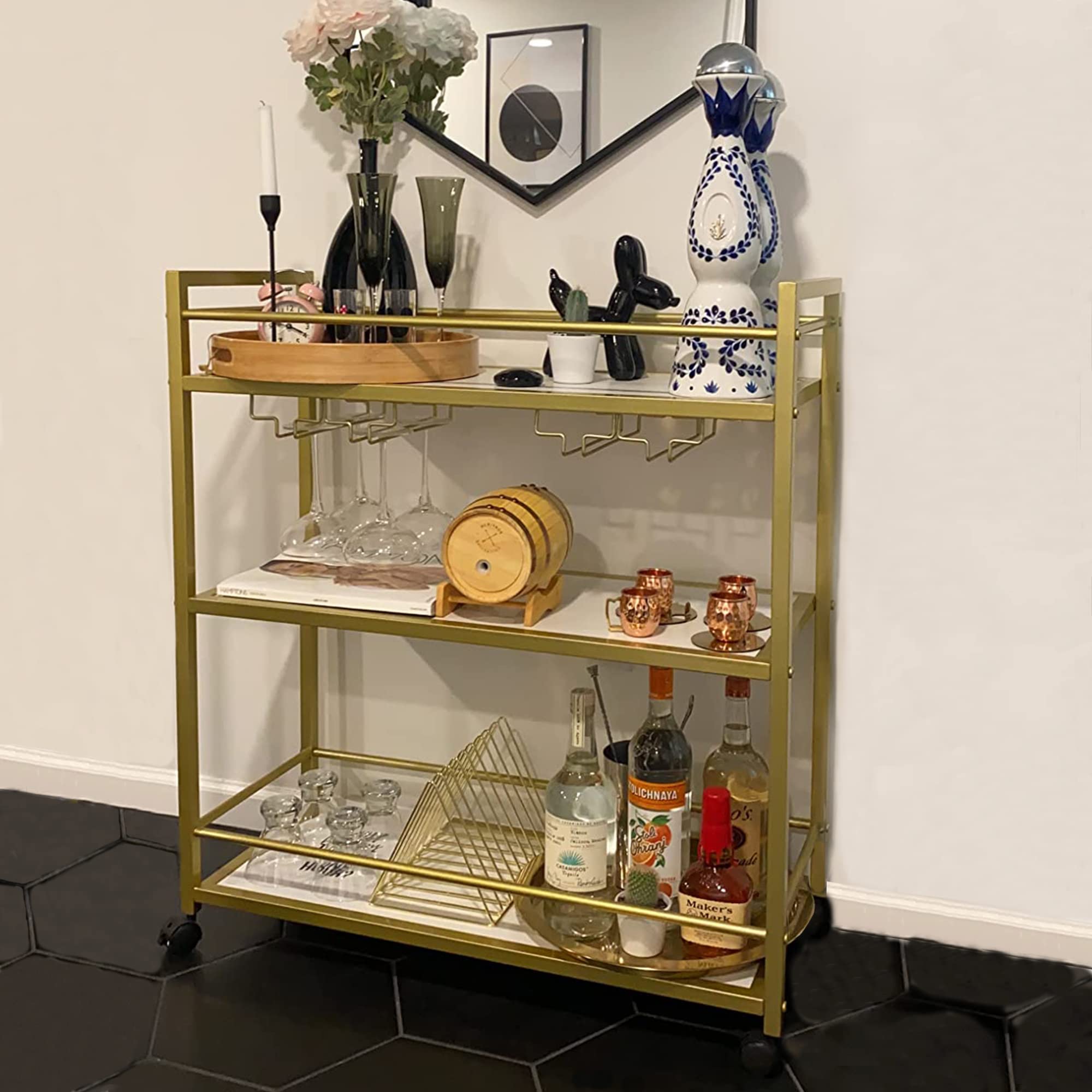 Gold Bar Cart with 3 Shelves - Rolling Wine Glass & Bottle Storage Serving Cart for Kitchen, Living Room, Bar (31.5”W, White) - Perfect for Home Entertaining, Parties & Small Space Storage