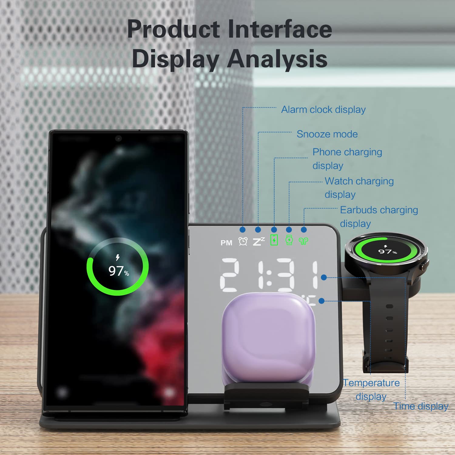 3-in-1 Wireless Charging Station for Samsung Galaxy Watch 6/5/5Pro & Galaxy S24/S23/A15/A55 Phones & Galaxy Buds - Fast Charging Stand with Digital Alarm Clock - Perfect for Bedside, Office Desk & Travel