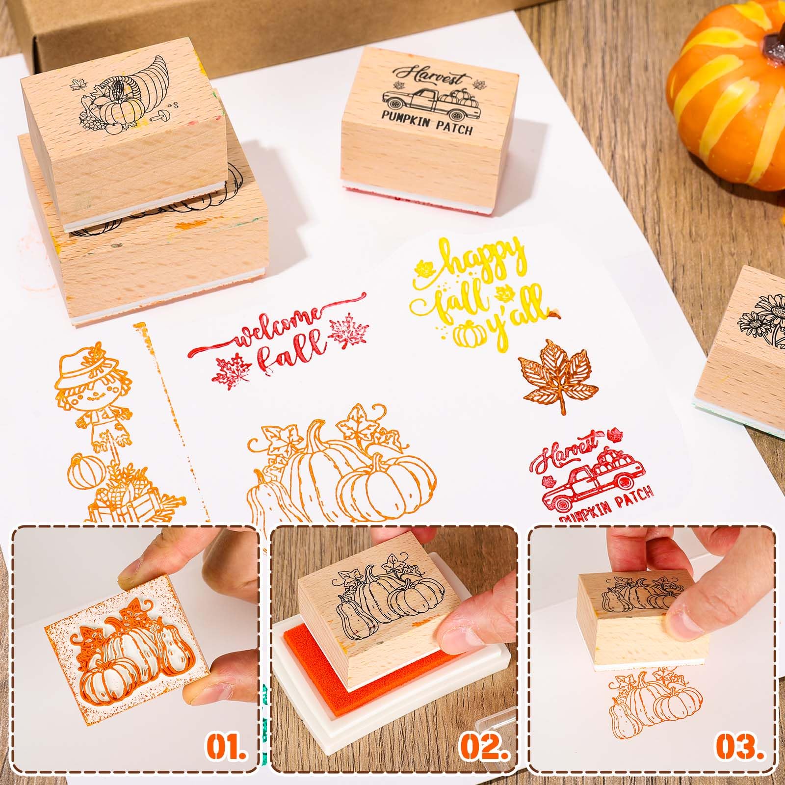 16Pcs Fall Wooden Rubber Stamps Set with Ink Pads - Autumn DIY Craft Kit for Thanksgiving Cards, Scrapbooking, Classroom Projects & Party Decorations - Perfect for Seasonal Greeting Cards, Gift Wrapping & Home Decor