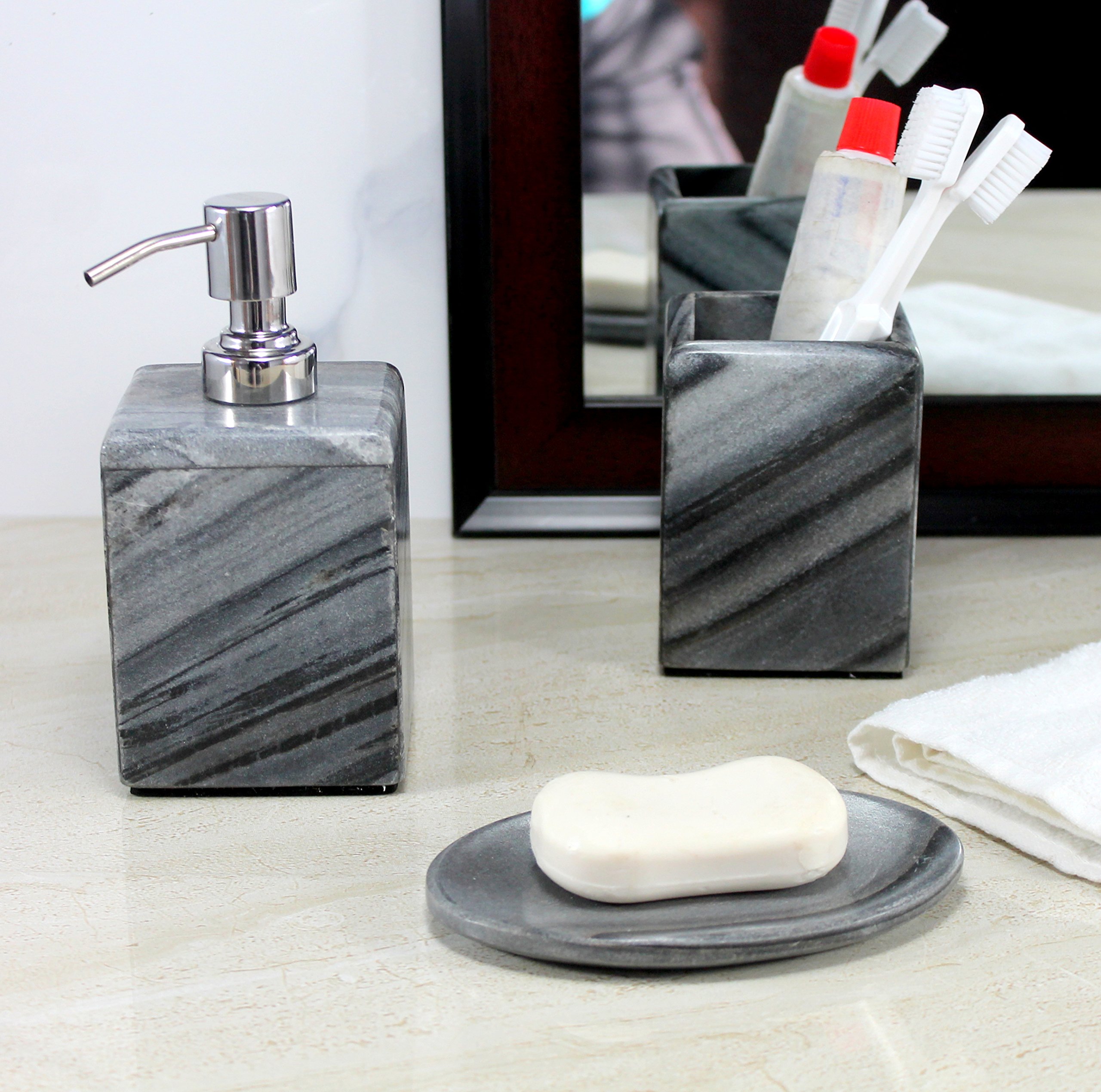 Natural Stone Bathroom Set - Soap Dispenser, Toothbrush Holder & Soap Dish (Grey, 3-Piece) for Spa-Like Luxury