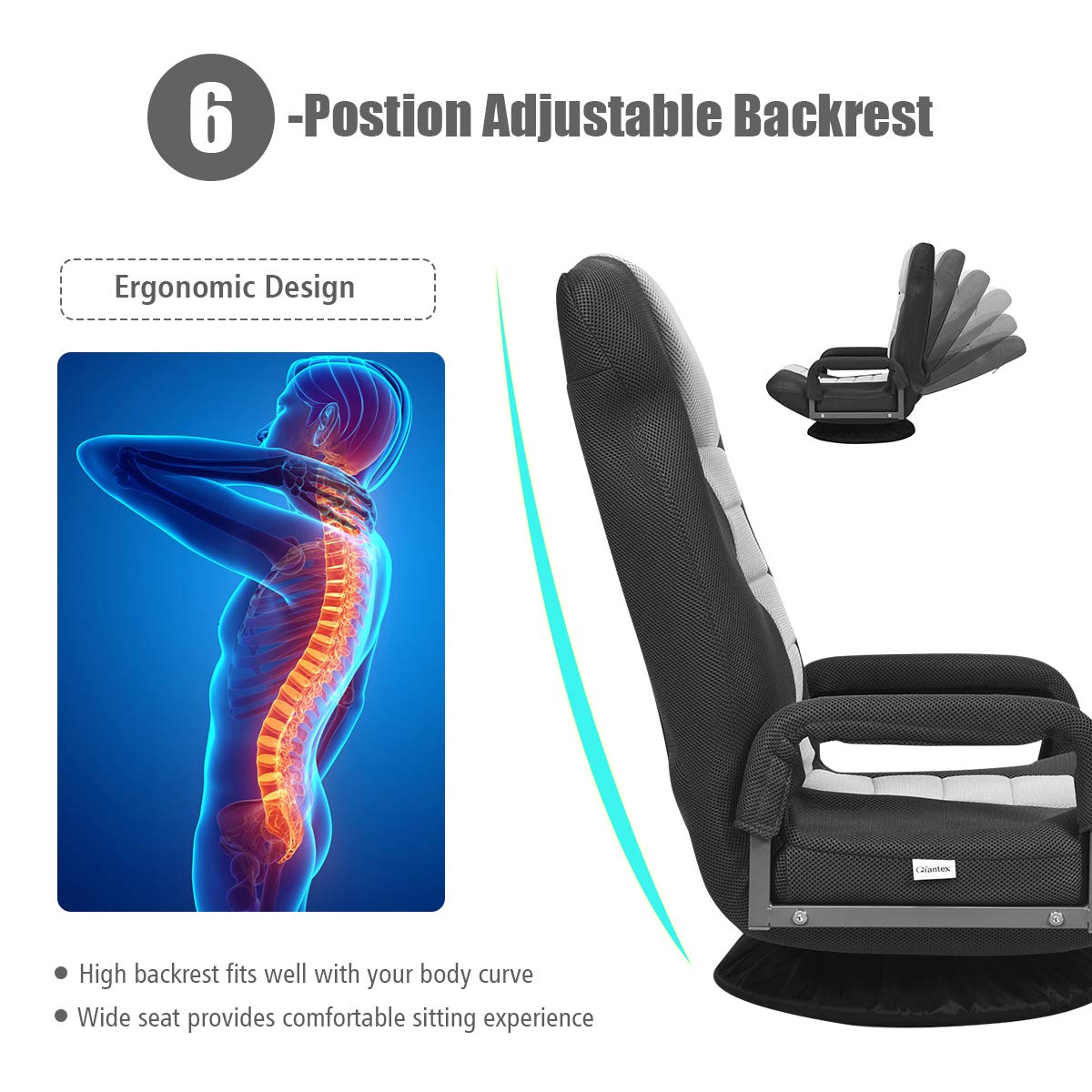 Giantex 360 Degree Swivel Floor Chair with Adjustable Backrest & Lumbar Support - Foldable Armrest Sofa Rocker for Living Room, Bedroom, TV Watching, Reading & Gaming - Black/Grey Home Comfort Seating Solution