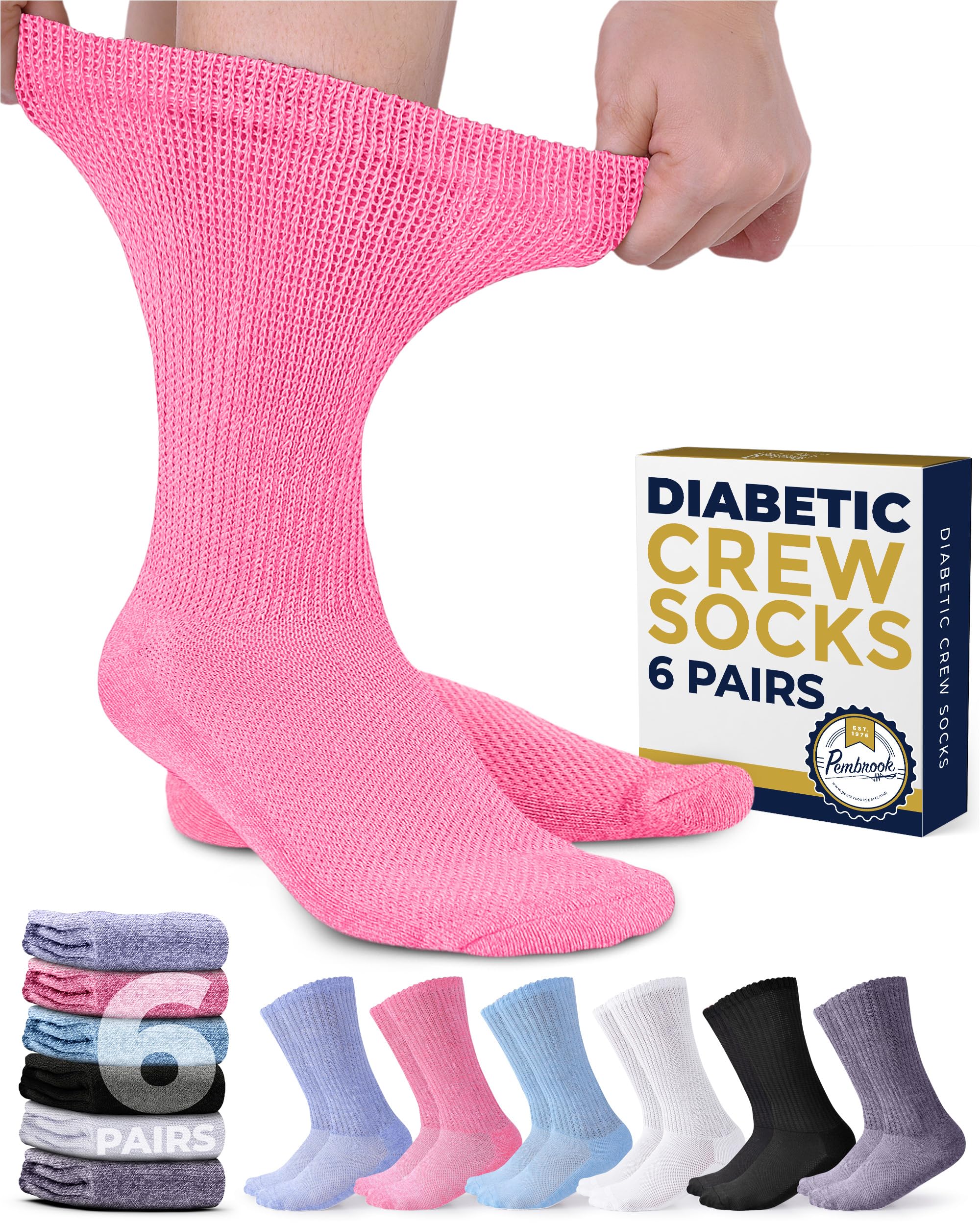 Pembrook Diabetic Socks for Men & Women - Non-Binding Compression Socks for Neuropathy Relief (Pink, Purple, Blue, White, Black, Lavender) - Ideal for Daily Wear, Diabetes Management & Circulation Support