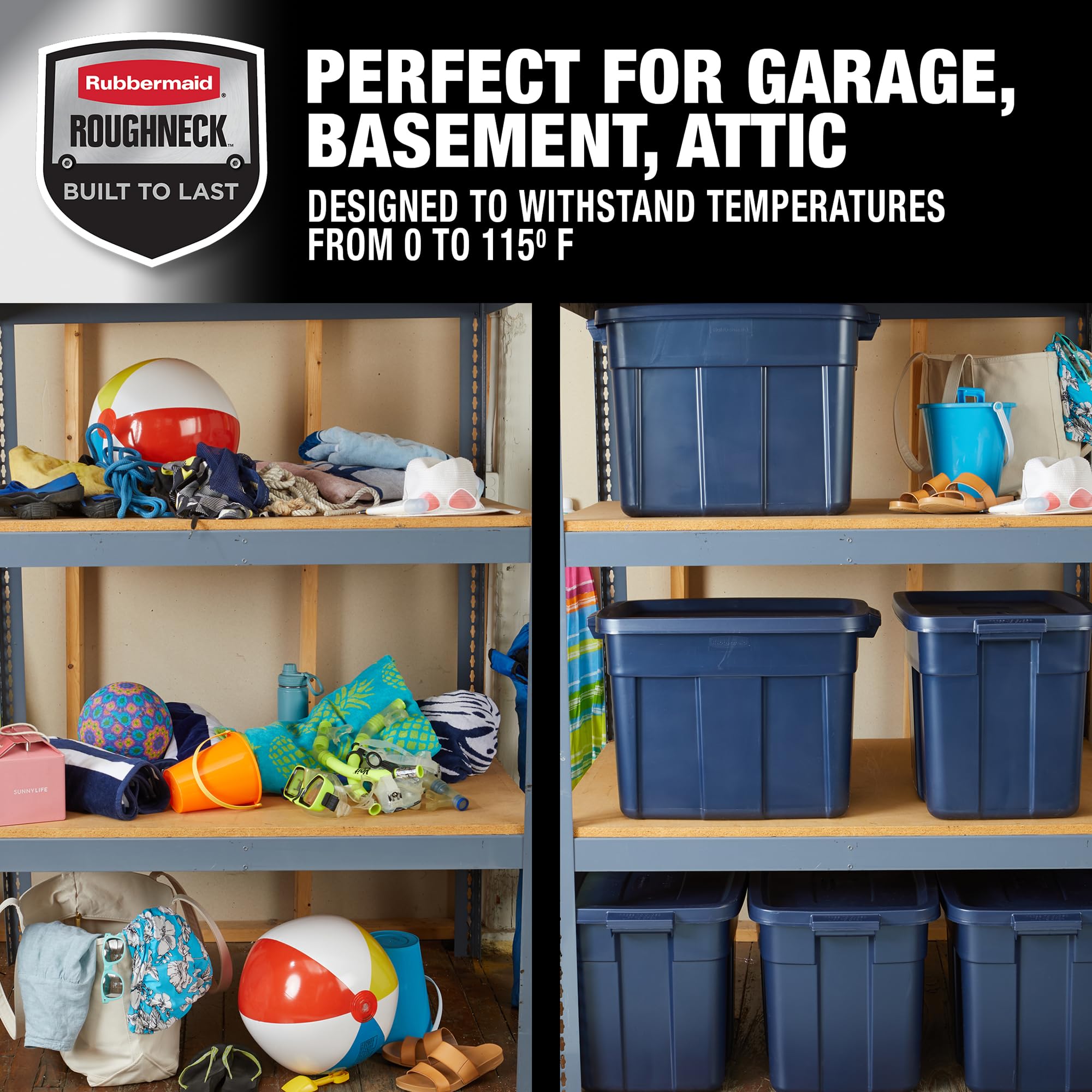 Rubbermaid Roughneck 18 Gallon Storage Totes - 6 Pack, Heavy Duty Plastic Stackable Bins with Lids & Handles, Made in USA, Dark Indigo Metallic - Perfect for Garage Organization, Home Storage & Moving Supplies