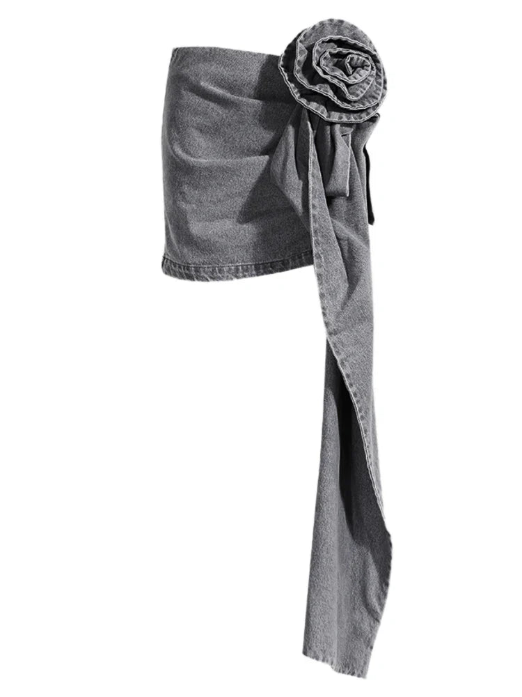 DEAT Fashion Women's High Waist Asymmetric Denim Skirt with 3D Rose Flower - Blue Short Skirt for Summer | Perfect for Casual Outings, Beach Vacations & Date Nights