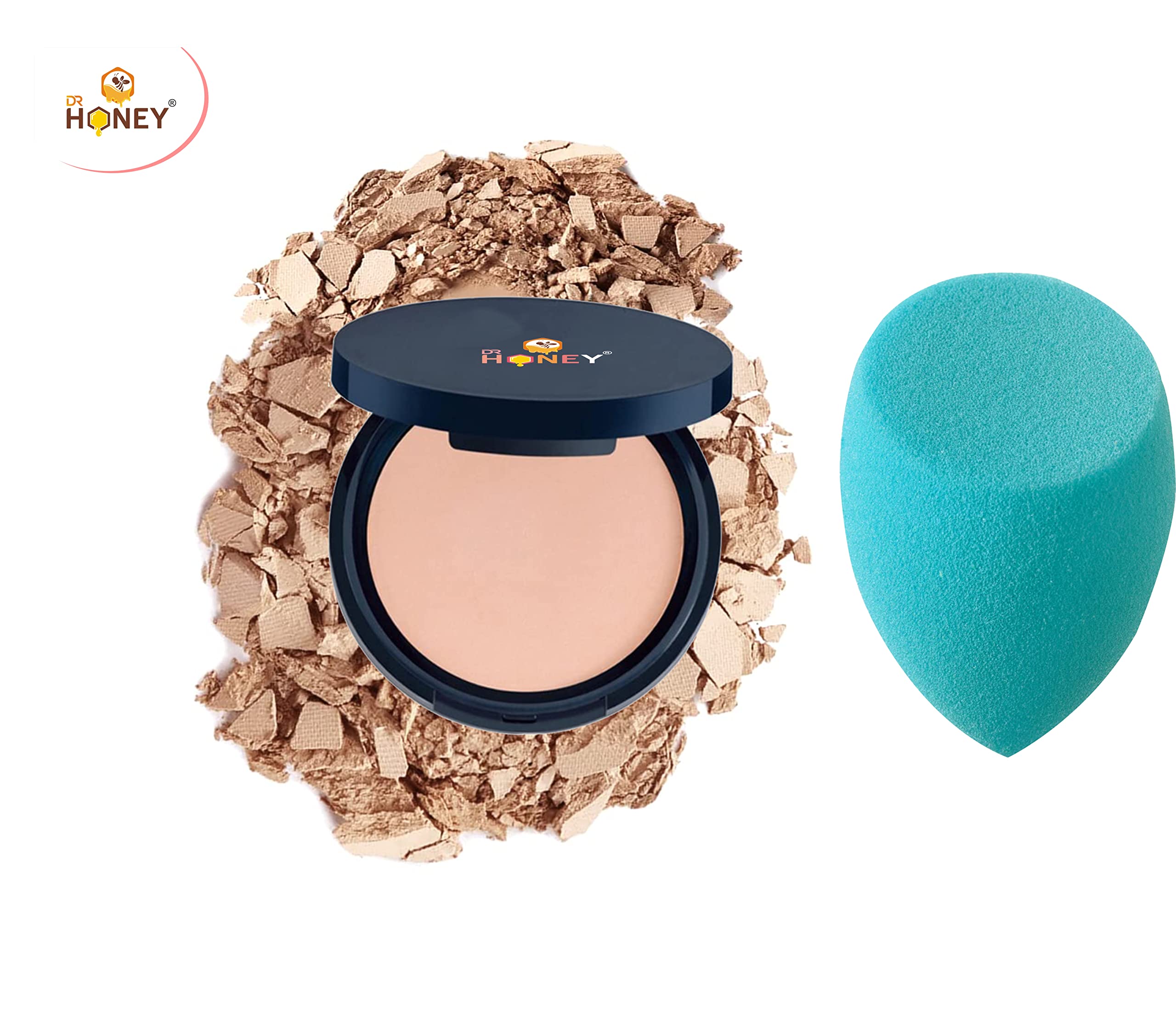 DR HONEY Compact Powder - Full Coverage, Blendable Pressed Powder for Normal to Oily Skin, Warm Nude Shade 128 | Includes Makeup Sponge & Beauty Blender | Perfect for Everyday Wear, Touch-Ups & On-the-Go Makeup Application