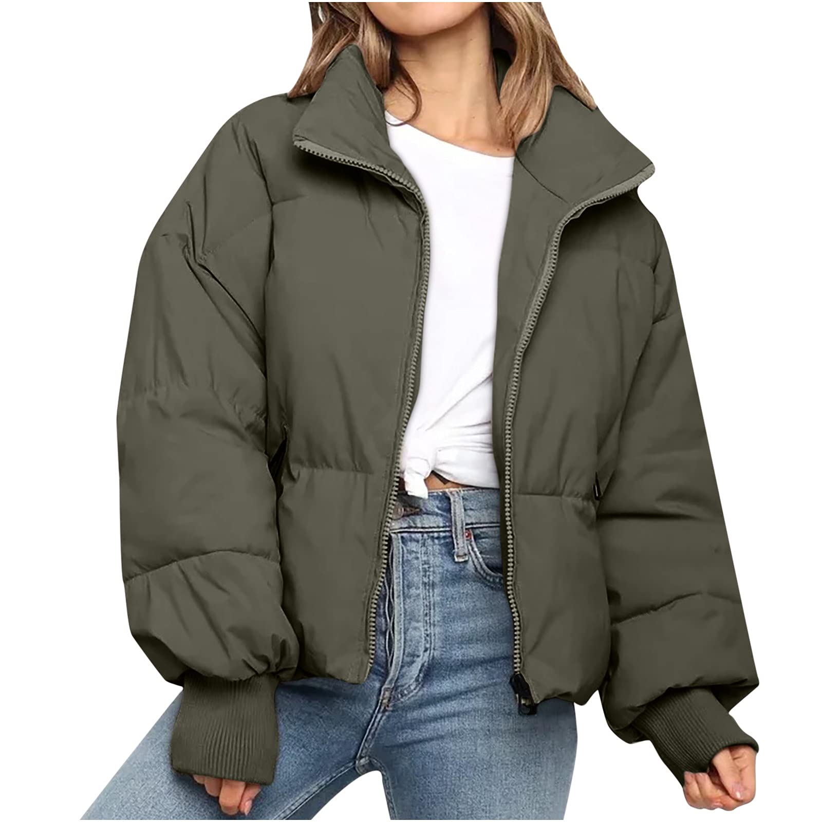 Women's Warm Puffer Jacket with Zipper - Long Sleeve Down Padded Cardigan Coat for Winter | Casual Outerwear for Daily Wear, Work & Outdoor Activities