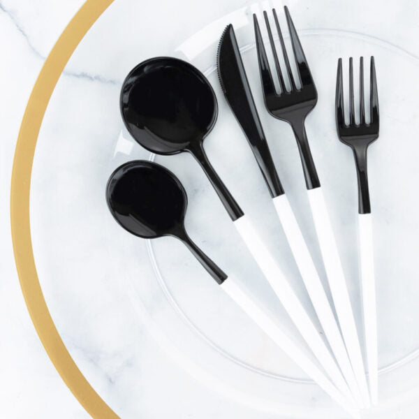 Premium 40-Piece Black and White Flatware Set - Service for 8 - Elegant Dinnerware for Formal Dining, Wedding Registry & Holiday Entertaining