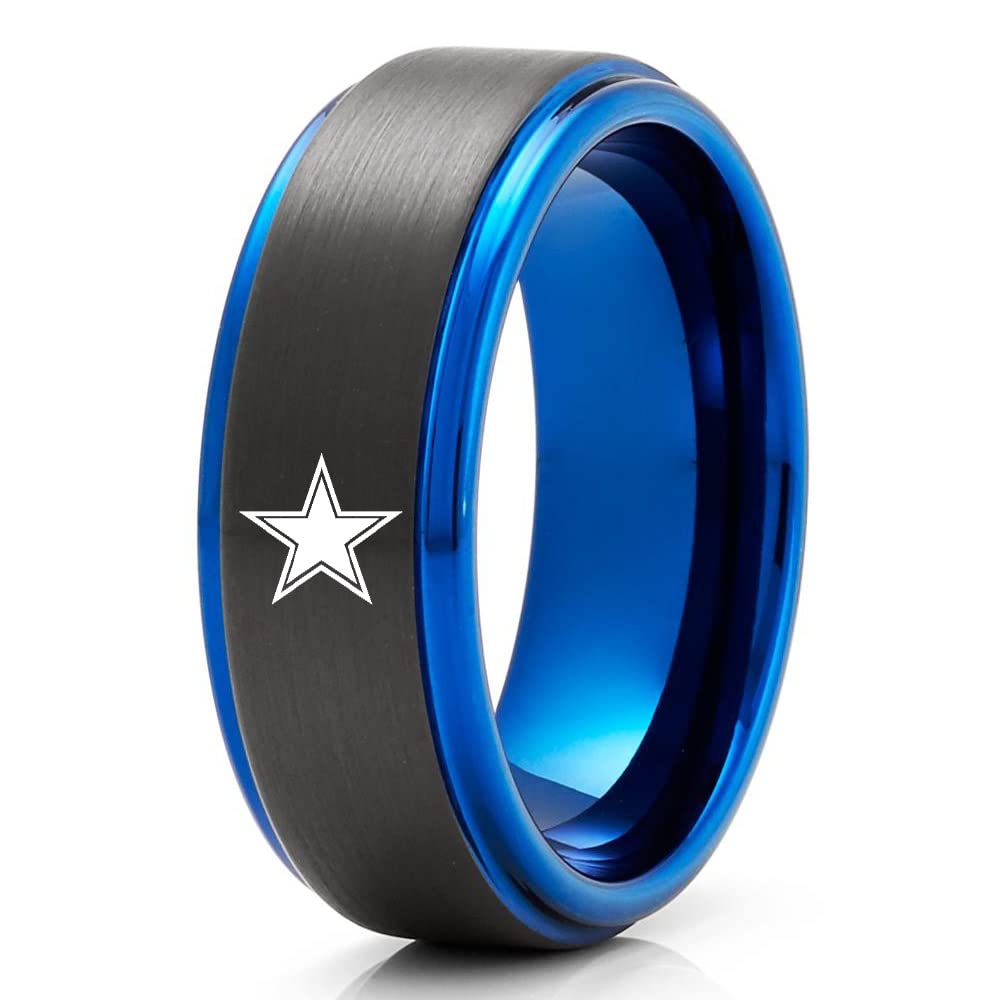 Blue Tungsten Wedding Band for Men - Football Inspired Black Tungsten Carbide Ring - Anniversary & Engagement Ring - Galaxy Star Design - Perfect for Sports Lovers & Outdoor Weddings