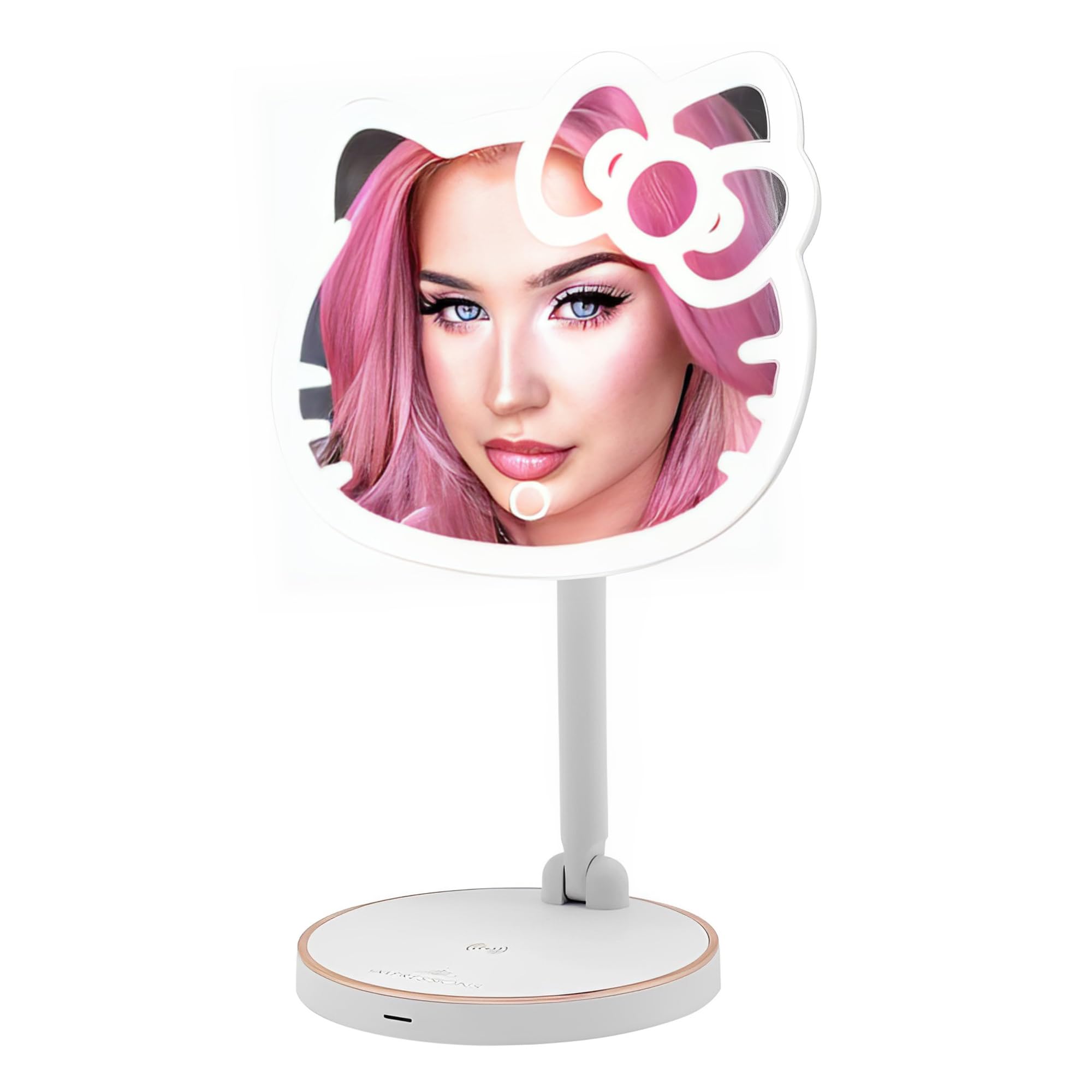 Hello Kitty LED Makeup Mirror with 360° Rotation & Touch Sensor - Rechargeable Vanity Mirror with Adjustable Brightness & Light Strip for Home, Bedroom, and Travel Beauty Routine