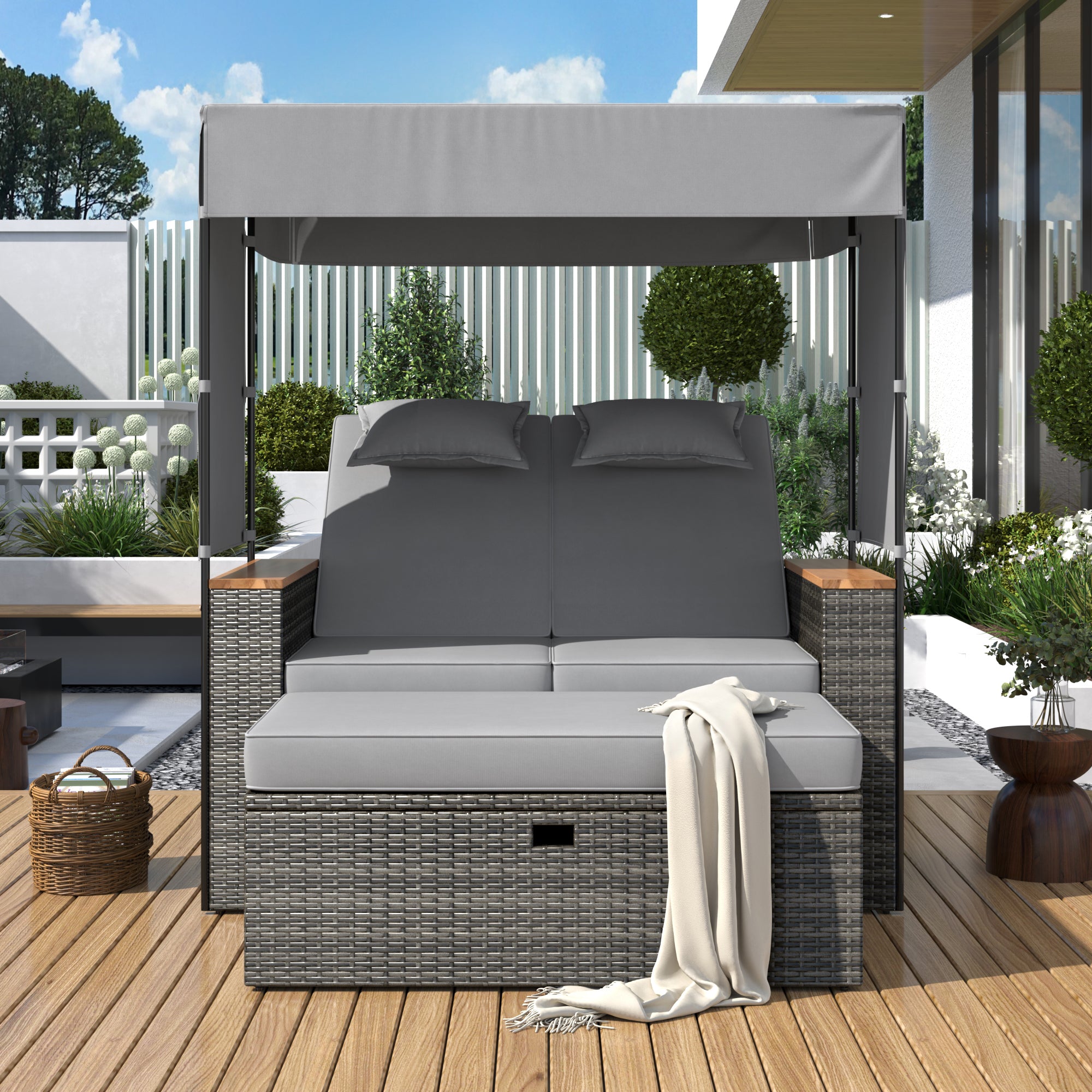 2-Piece Outdoor Rattan Daybed with 5 Adjustable Positions - Patio Loveseat Sofa Set for Poolside, Garden, or Backyard Relaxation