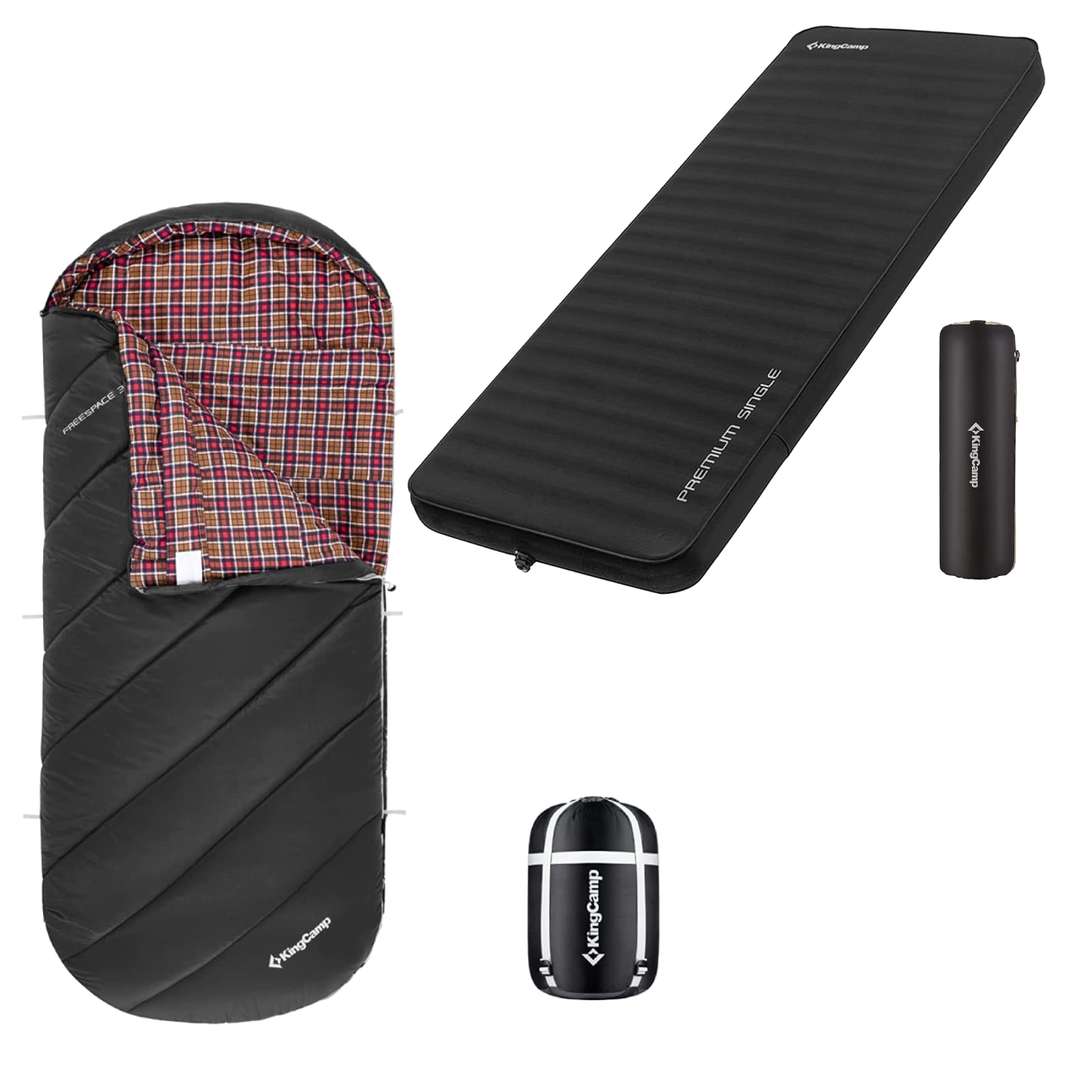 KingCamp Big and Tall Sleeping Bag with 3D Sides Self-Inflating Camping Pad - Warm Comfort for Outdoor Adventures, Hiking, Backpacking & Cold Weather Camping