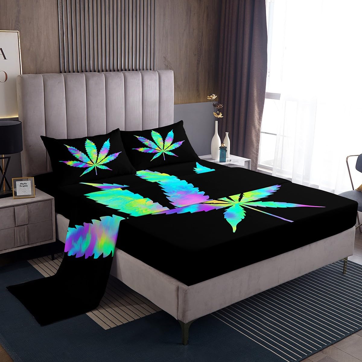 **Rainbow Cannabis Leaf Bed Sheets Set - 4 PC Full Size Tie Dye Botanical Sheets with Deep Pockets, Trippy Artwork & Weed Decor - Perfect for Stoner Aesthetic, Hippie Room Decor & Psychedelic Bedroom Themes**