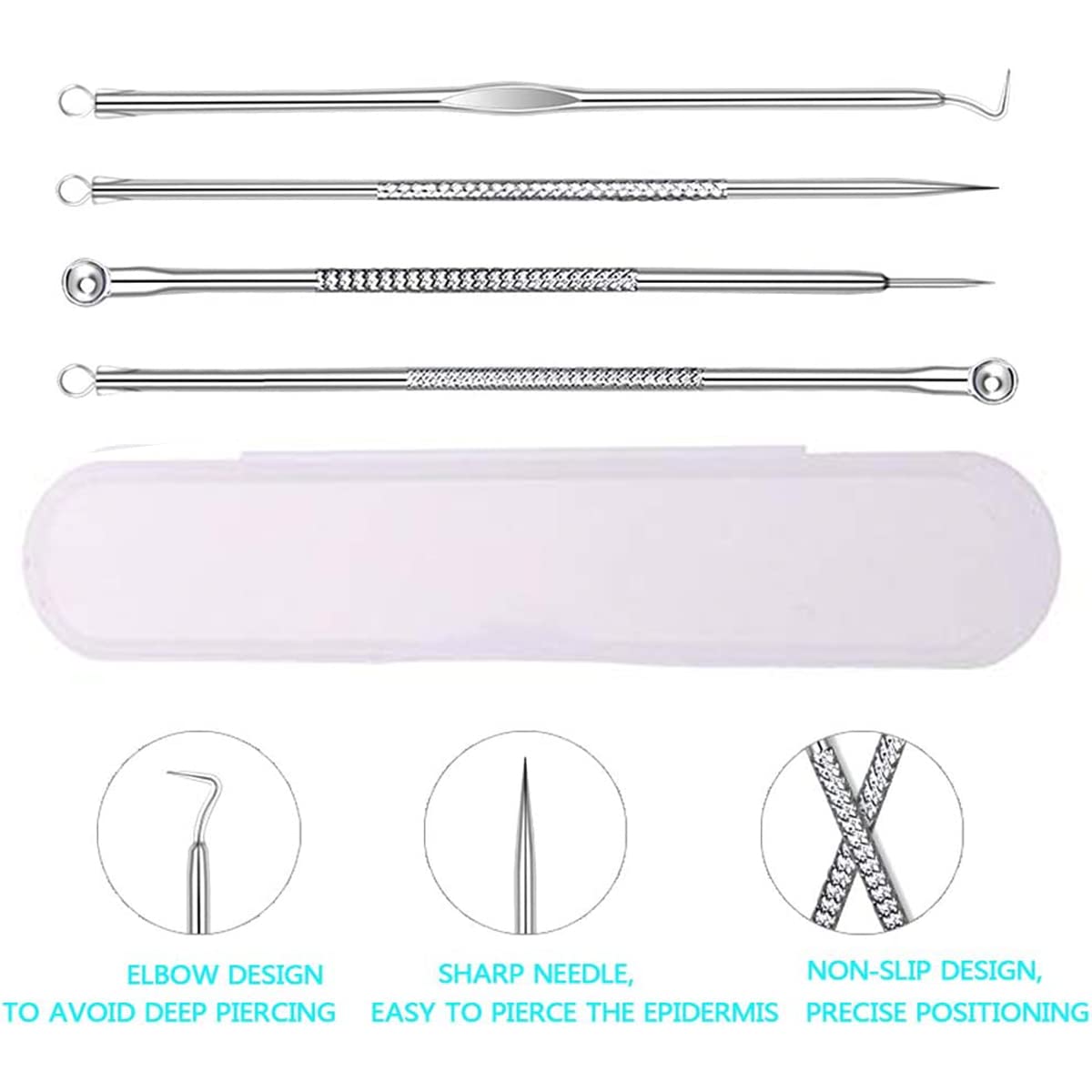 4-in-1 Acne Removal Tool Kit for Blackheads, Whiteheads & Pimples - Double-Sided Stainless Steel Extractor with Tweezers - Facial Cleanser for Nose & Face Care (Pack of 4) - Perfect for Home Skincare & Travel Beauty Routine