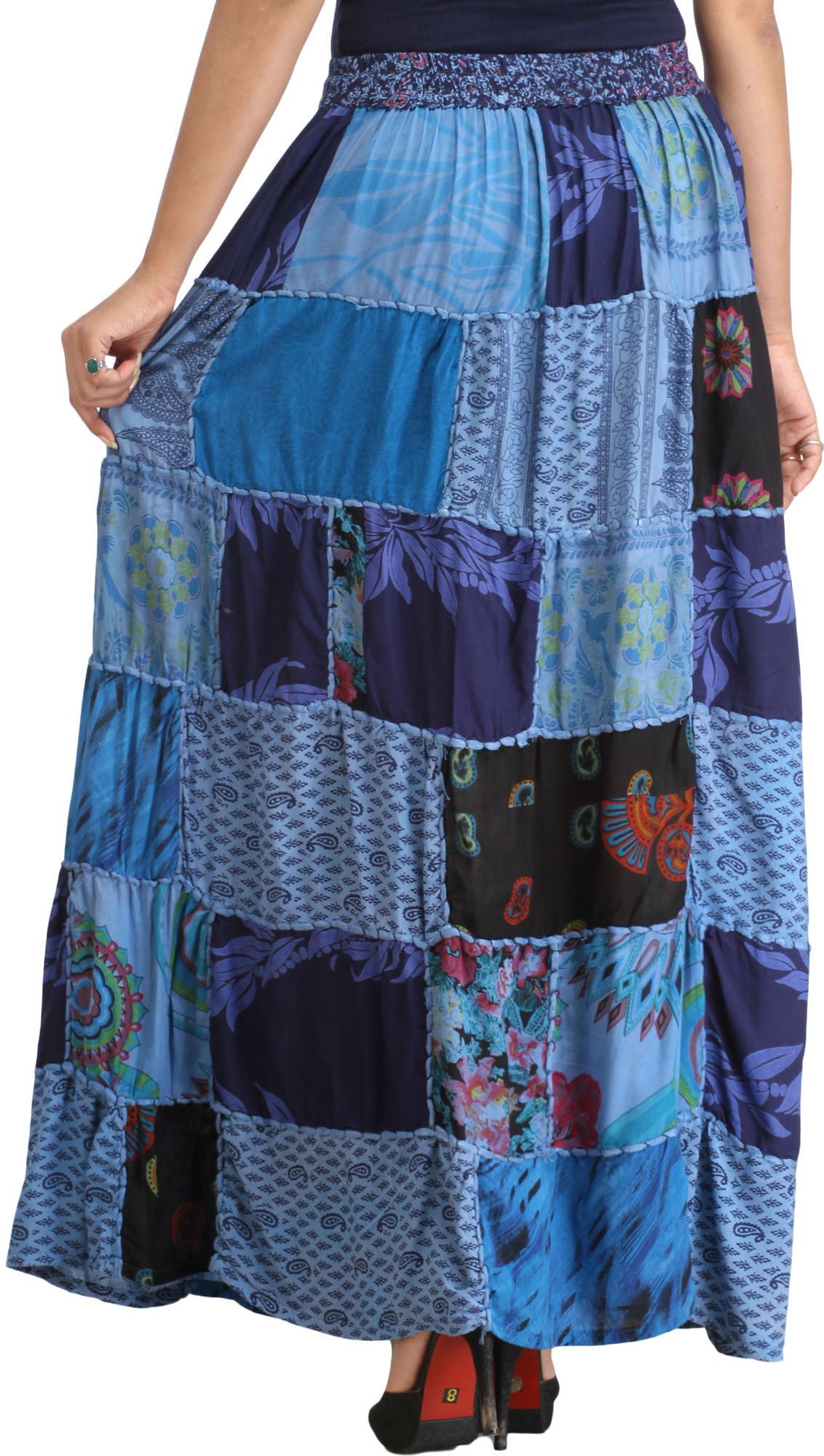 Stylish Long Printed Dori Skirt from Gujarat with Exquisite Patch Work - Comfortable Rayon Fabric - Perfect for Boho Fashion, Festivals & Summer Outfits