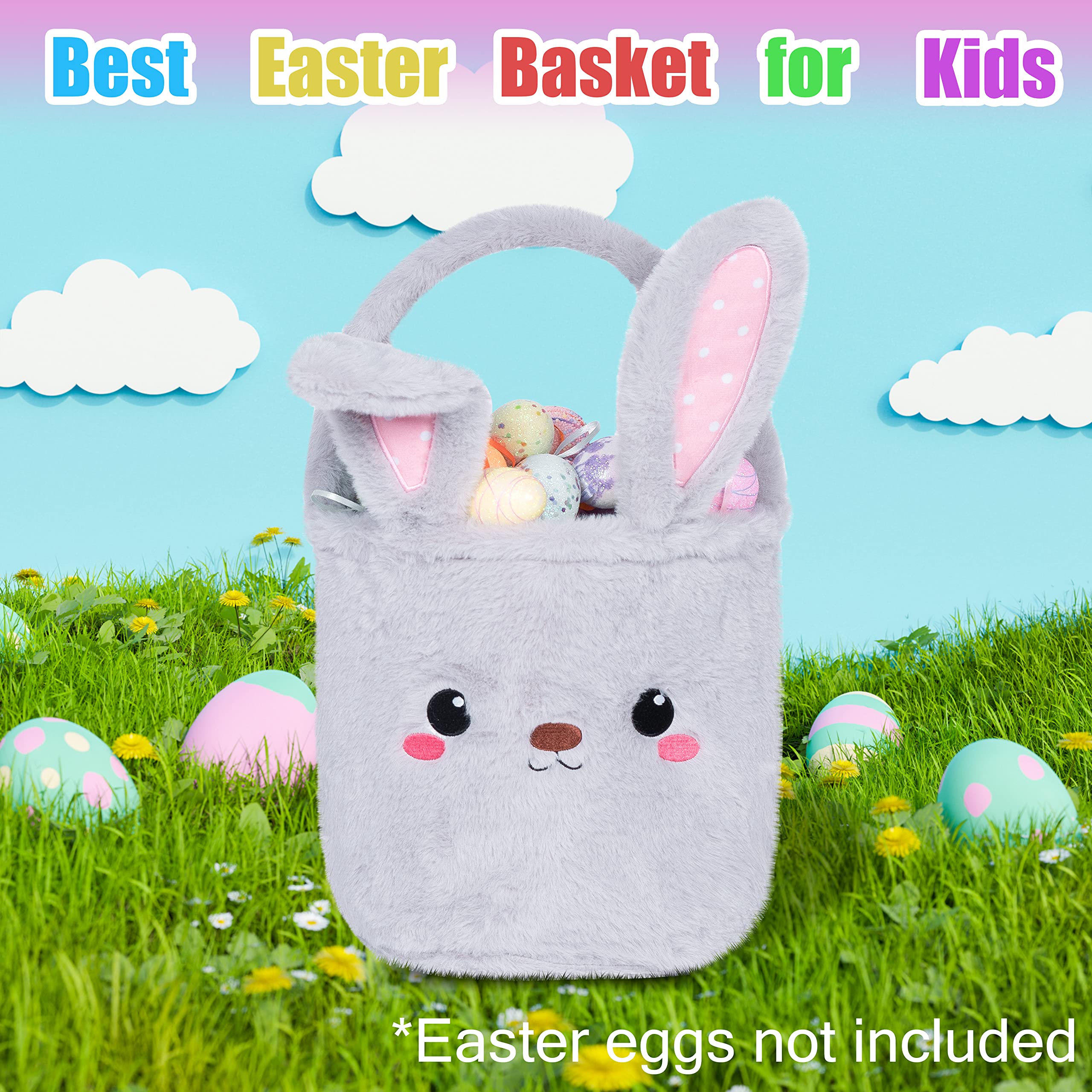 Easter Bunny Basket for Kids - Cute Grey Plush Foldable Ears Egg Hunt Tote with Handle - 9×9 Inch Candy Storage Bag for Boys Girls Teens - Perfect for Easter Decorations, Egg Hunts & Holiday Gift Giving