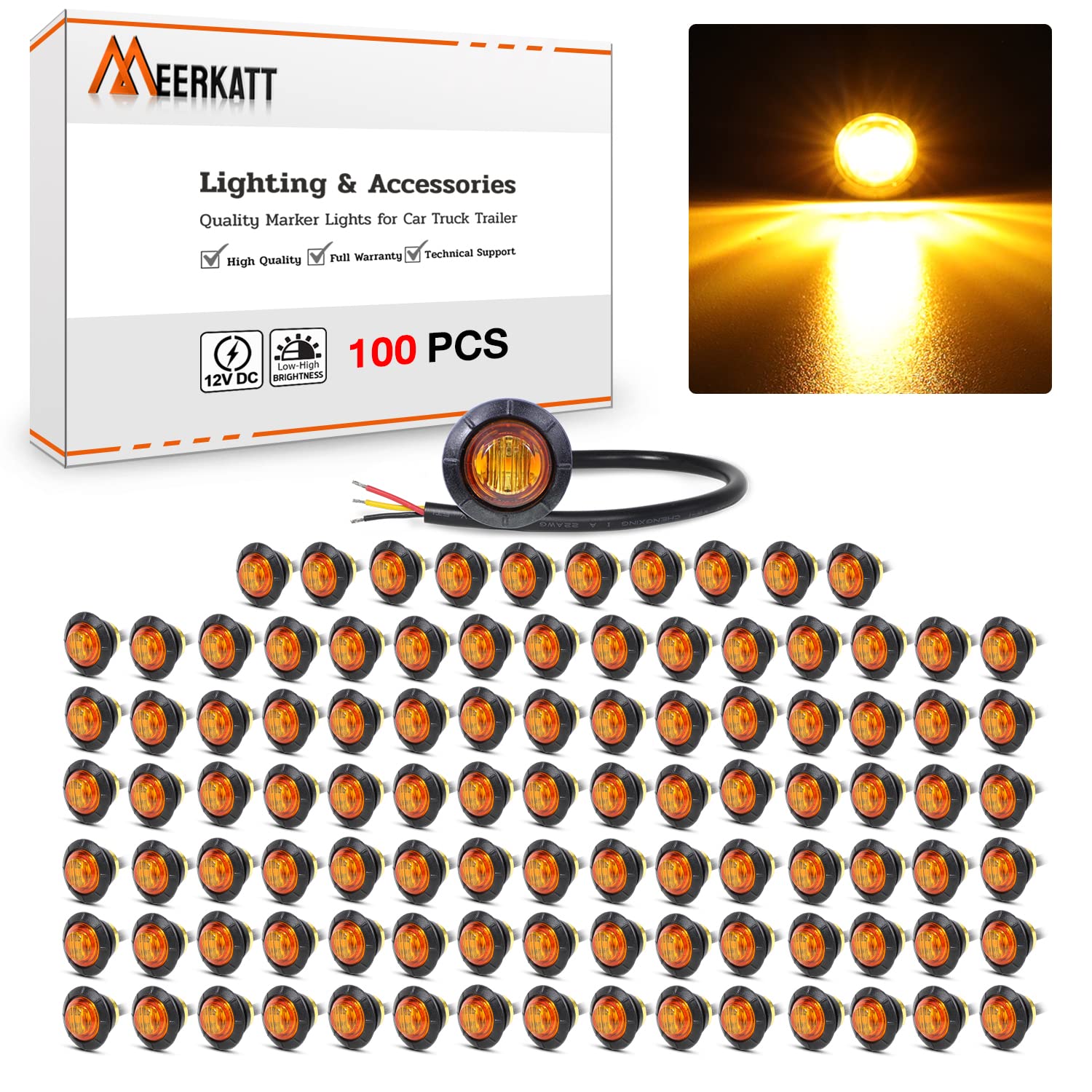 MADCATZ Meerkatt 3/4 Inch Round Amber LED Side Marker Lights - Ultra Bright SMD 2835, 12V DC Waterproof with Black Grommet for Trailers, Vans, Trucks (Pack of 100) - Perfect for Vehicle Safety Lighting and Road Visibility
