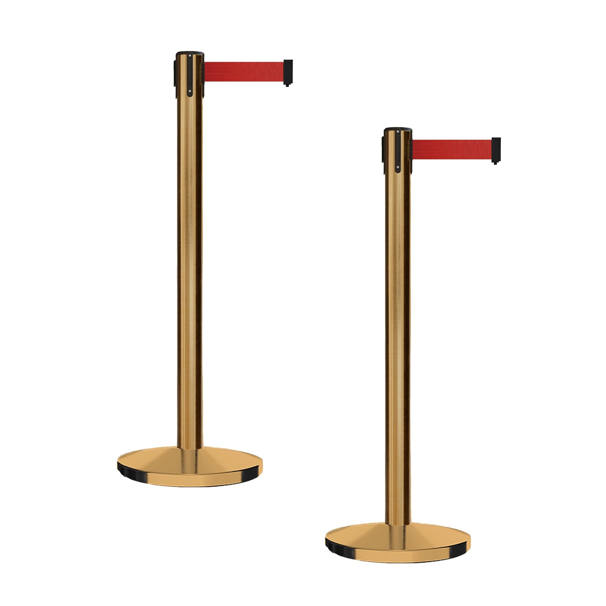 CCW Set of 2 Retractable Belt Barrier Stanchions with Cast Iron Base & Satin Brass Post - 11 Foot Red Belt (IRBB-100) for Crowd Control, Event Queue Management, and Retail Safety