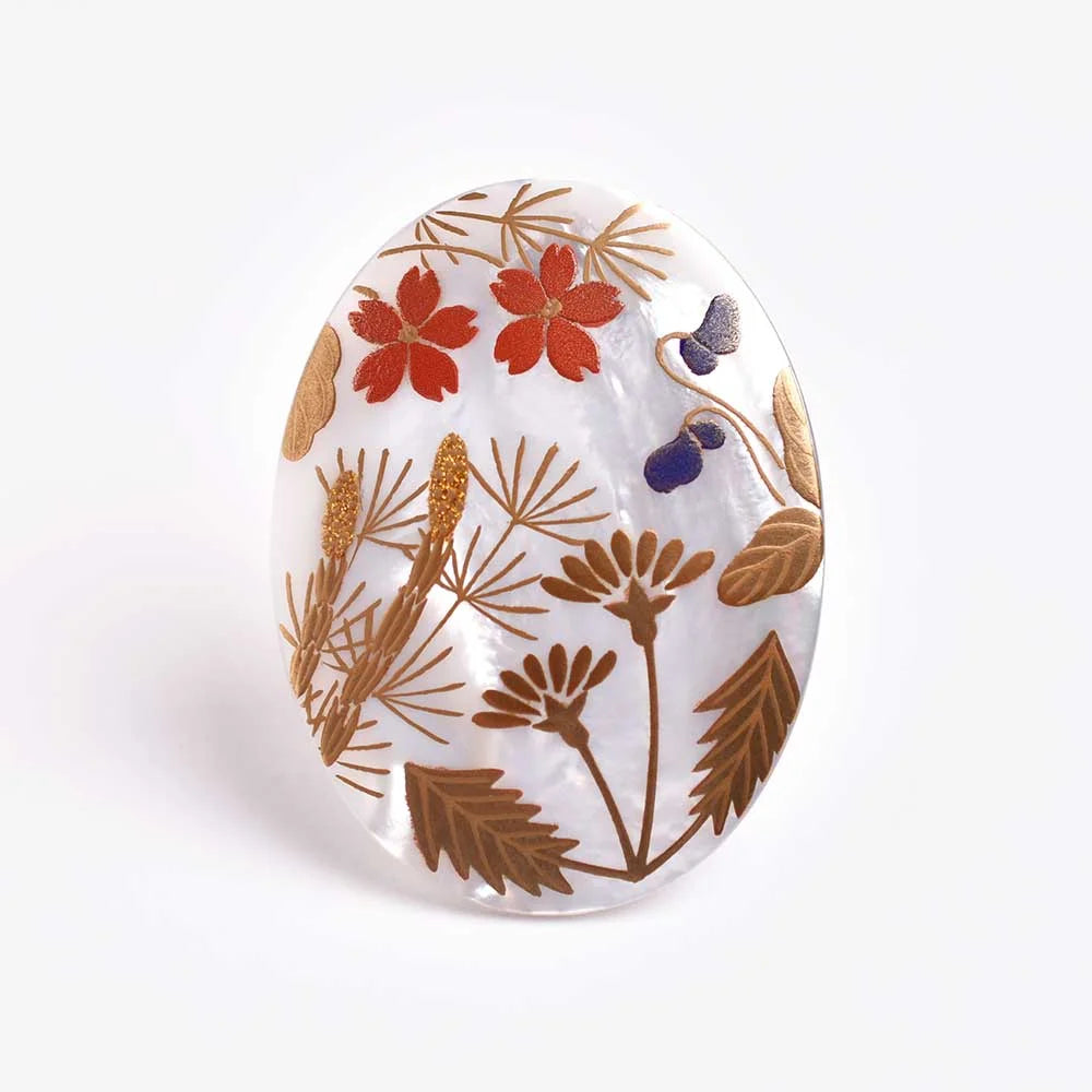 Exquisite Maki-e Urushi Lacquer Brooch with White South Sea Pearl Shell - Traditional Japanese Lacquer Jewelry for Women - Spring Flower Design - Perfect for Weddings, Tea Ceremonies & Special Occasions