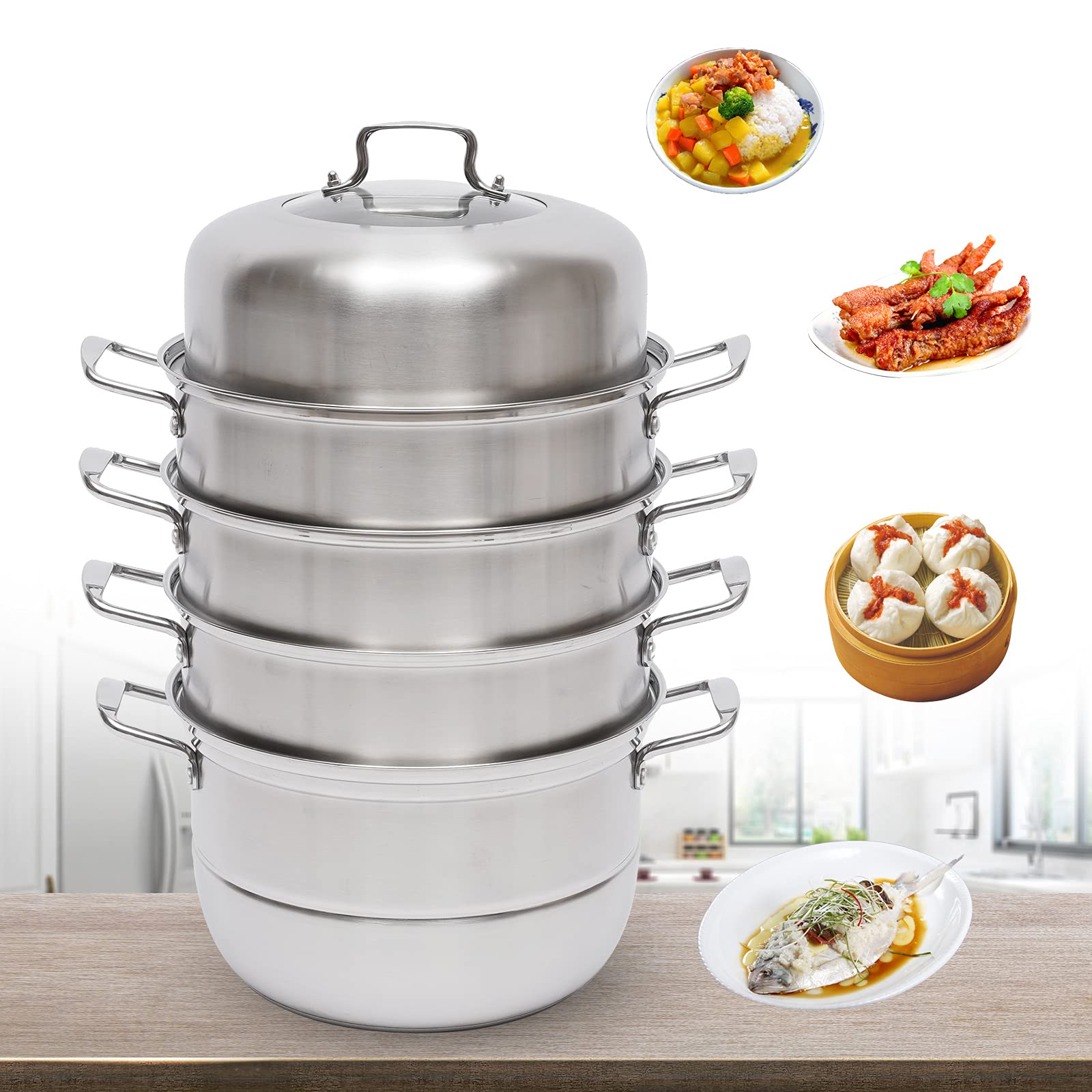 5-Layer Stackable Stainless Steel Steamer Pot with Glass Lid - 304 Rustproof Food Steamer for Vegetables, Dumplings & Seafood - Perfect for Healthy Cooking, Meal Prep & Asian Cuisine