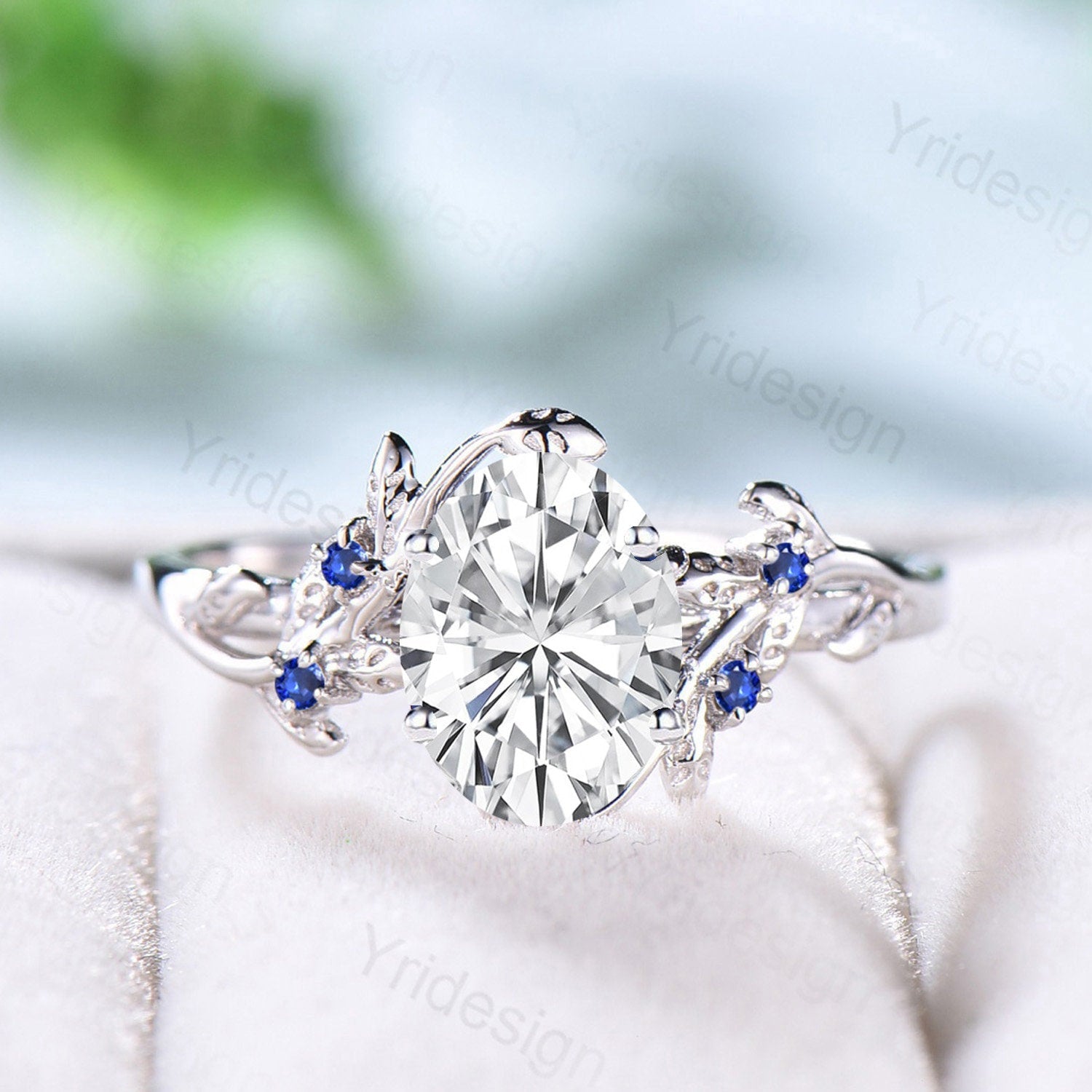 IGI Certified Lab Grown Diamond Engagement Ring - Nature Inspired Oval Cut with Blue Sapphire Accents, Handmade Leaf Design Wedding Ring for Brides, Anniversary & Proposal Gifts | Perfect for Eco-Conscious Couples & Outdoor Weddings