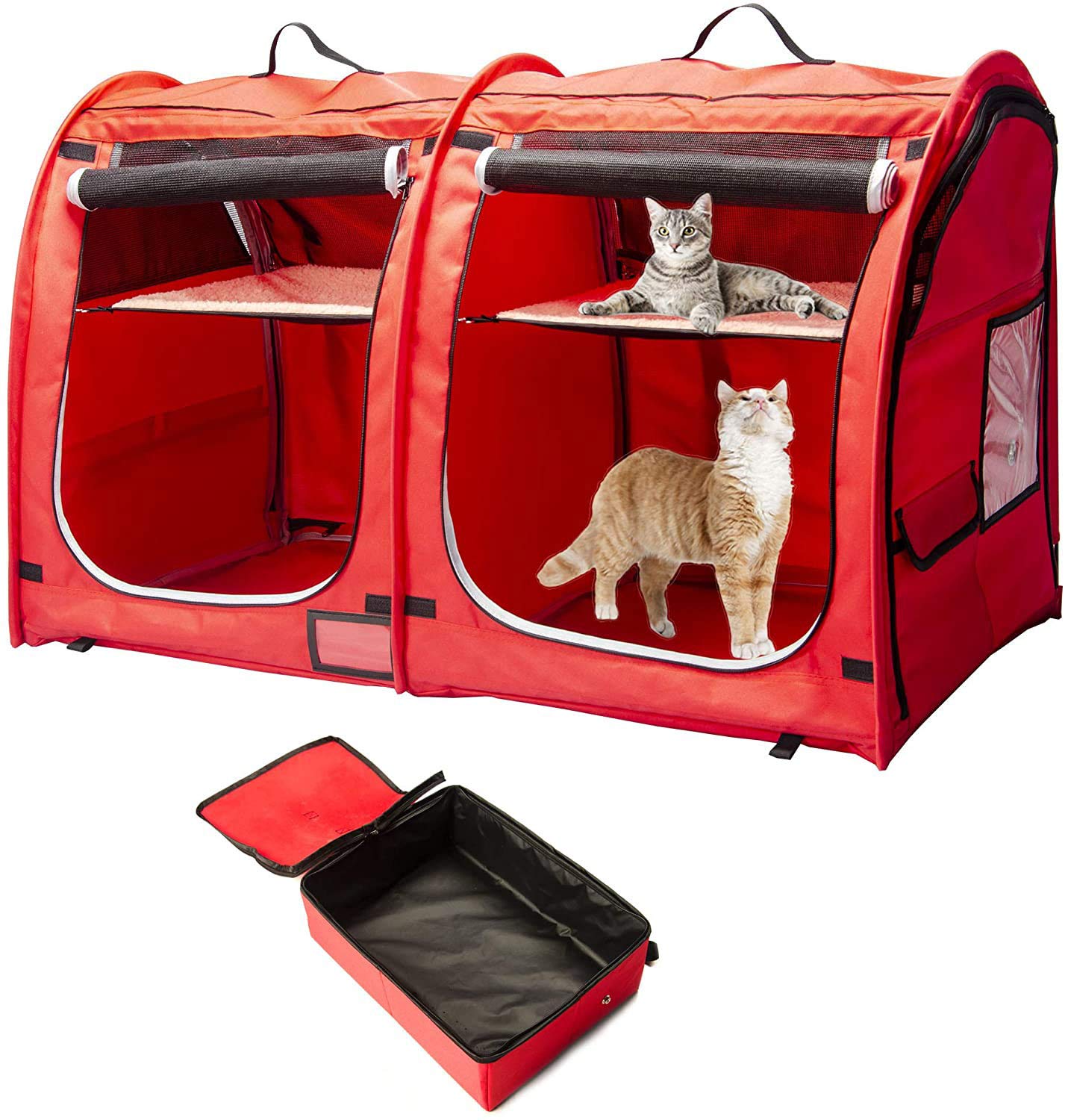Mispace Portable Twin Compartment Cat Cage & Dog Kennel - Foldable Pet Crate with Carry Bag, 2 Hammocks, Mats & Collapsible Litter Box - Ideal for Travel, Home & Vet Visits